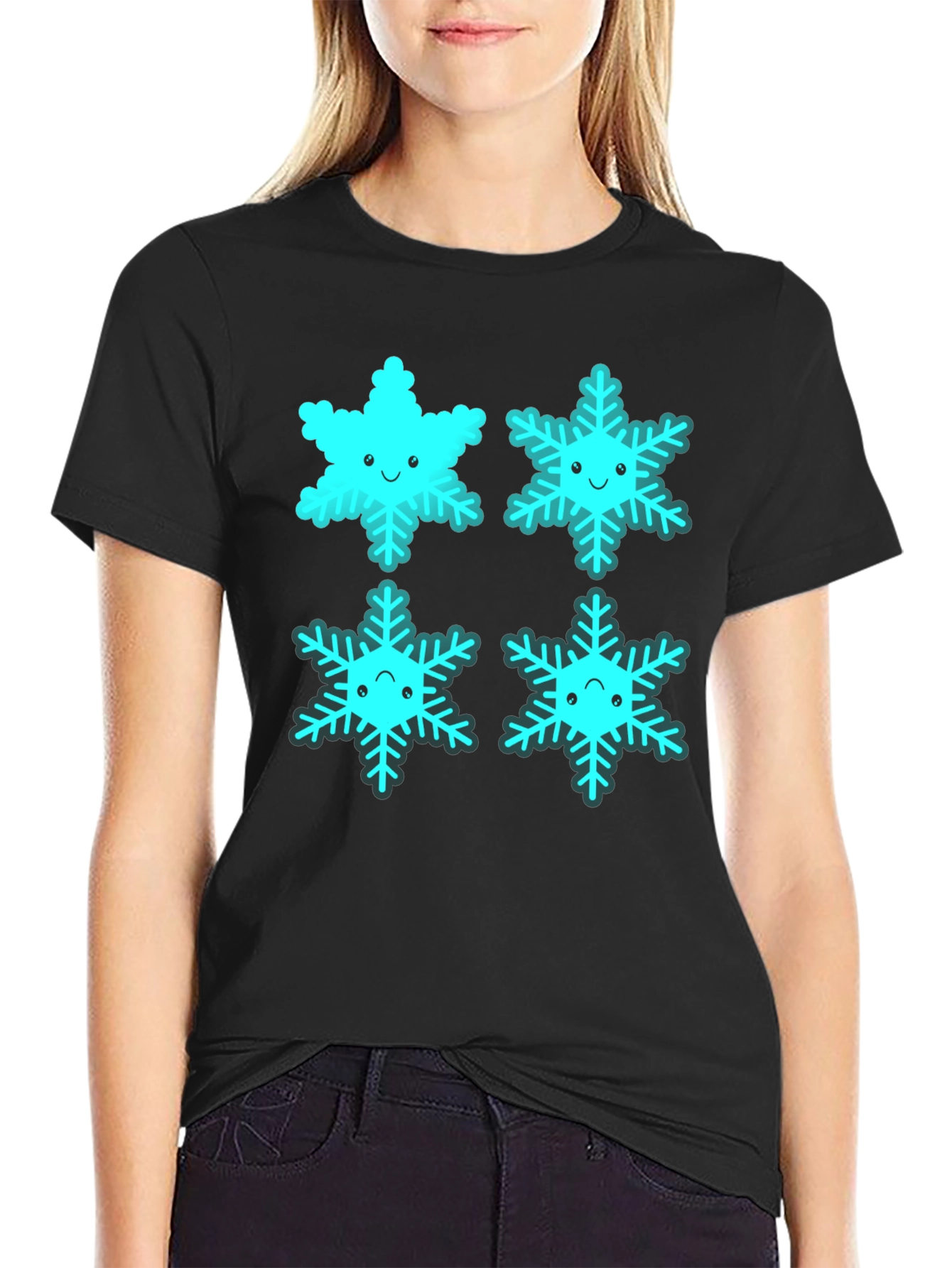 Black Cute Cartoon Snowflake Graphic Tee - Black view 2