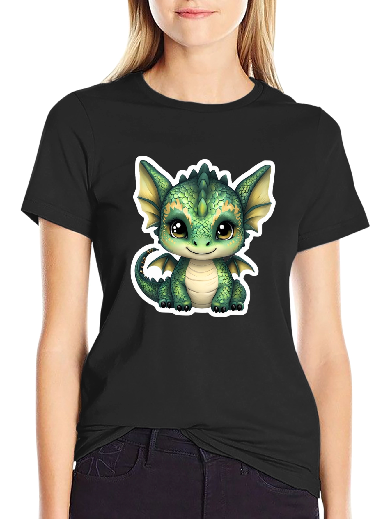 Black Cute Dragon Graphic Tee - Soft Black Cotton Shirt view 2