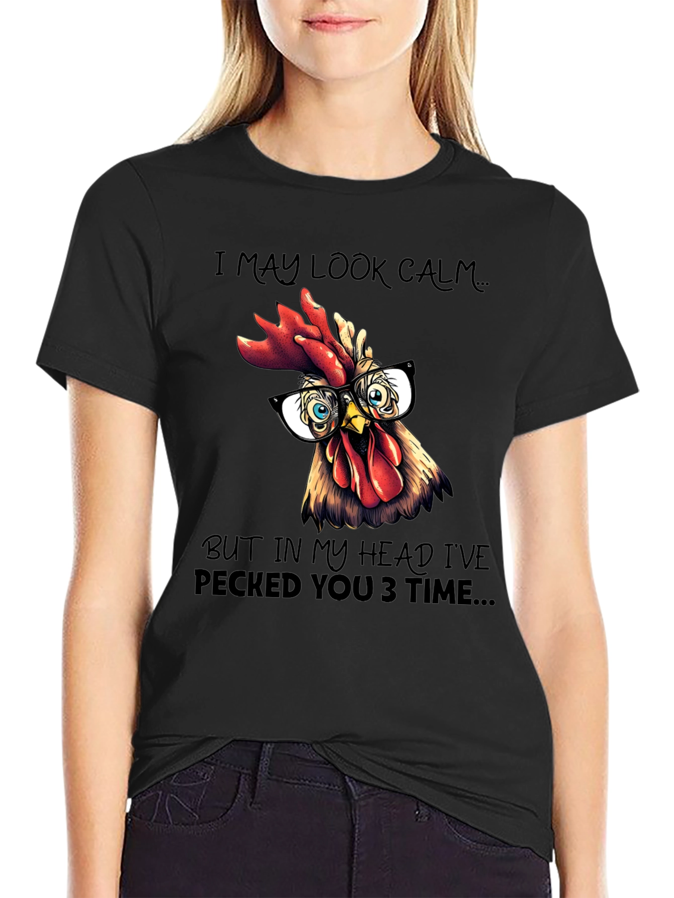 Black Funny Rooster T-Shirt - I May Look Calm view 2