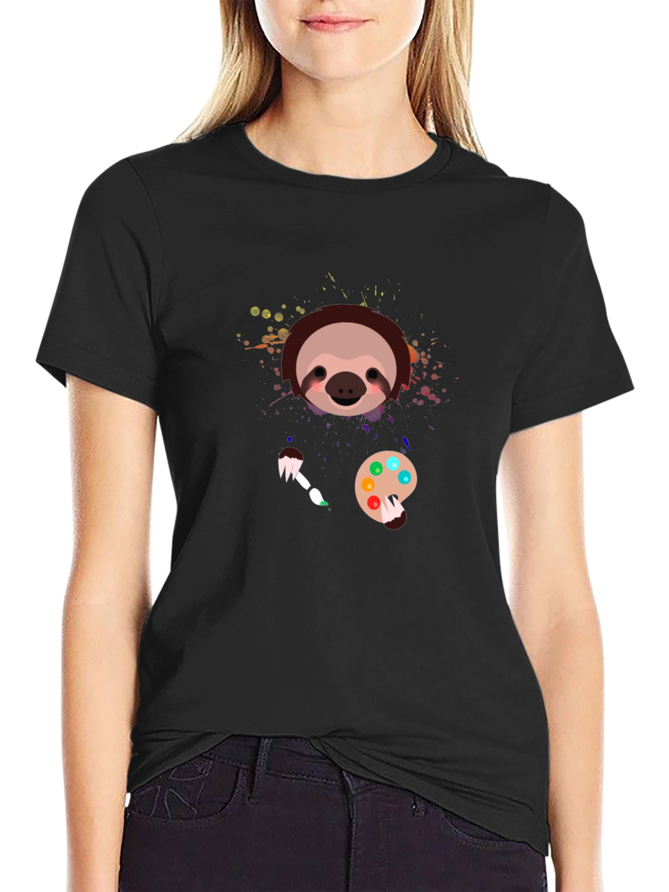 Black Sloth Artist Graphic T-Shirt - Cute Painter Tee view 2