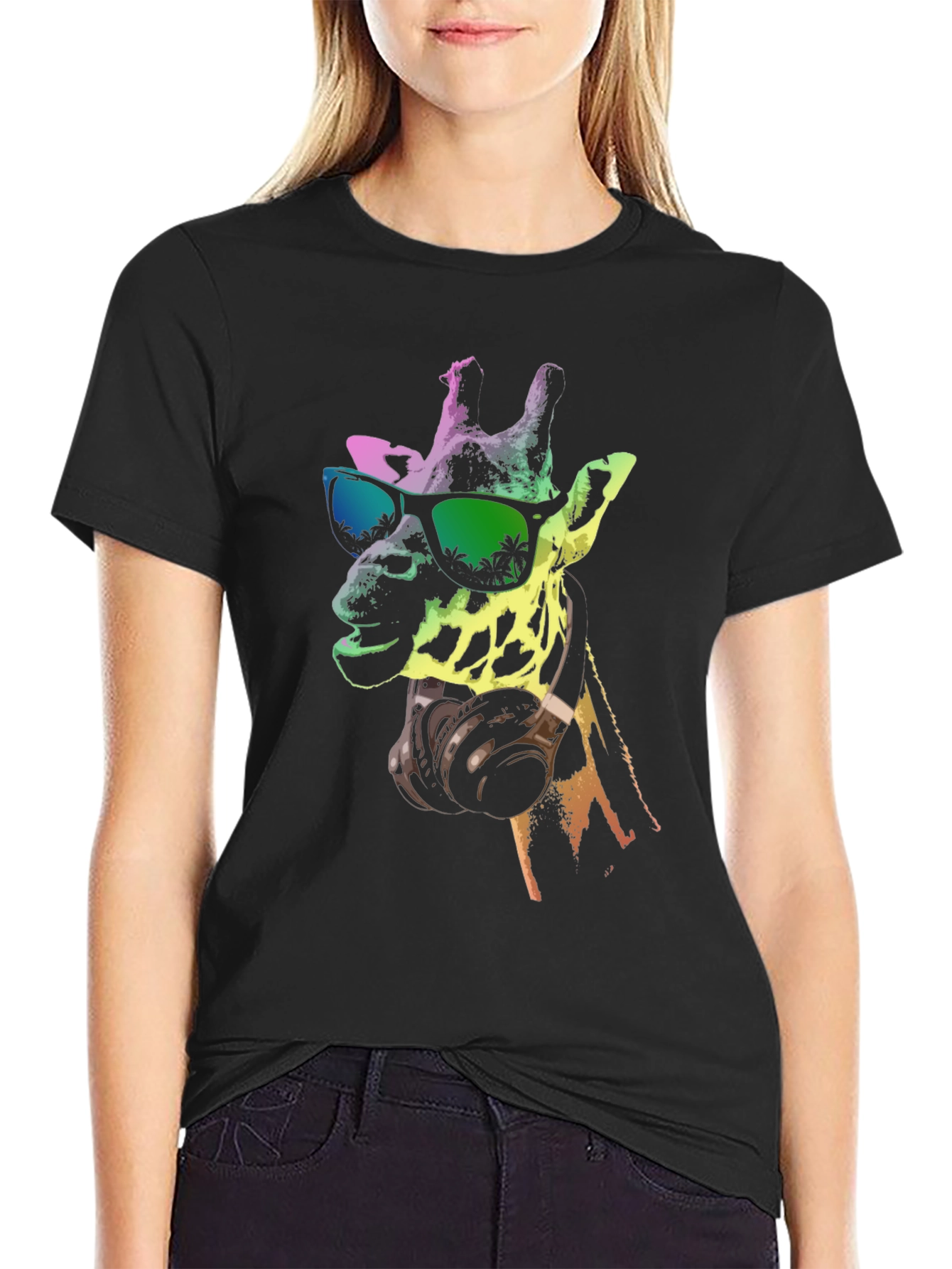 Black Cool Giraffe Graphic Tee - Music Lover Shirt view 2