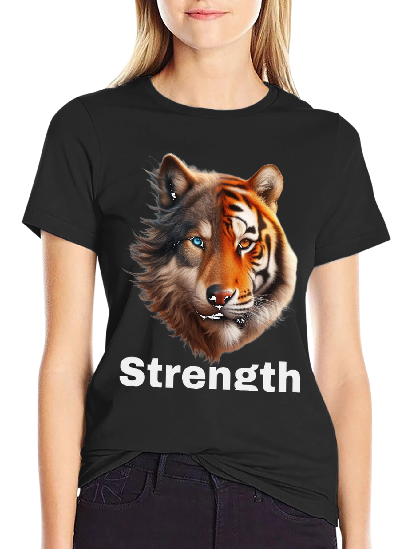 Black Strength Wolf Tiger Graphic Tee - Unique Animal Design view 2