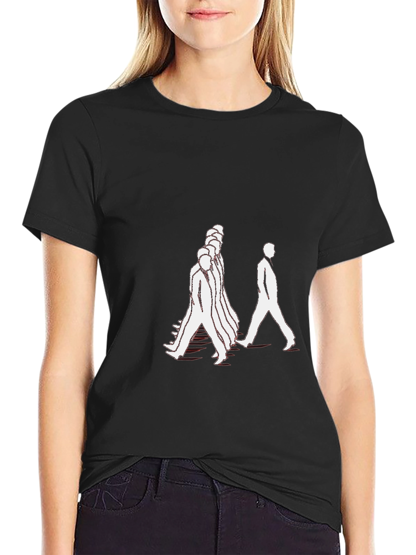 Black Black T-Shirt with Walking Figures Print view 2