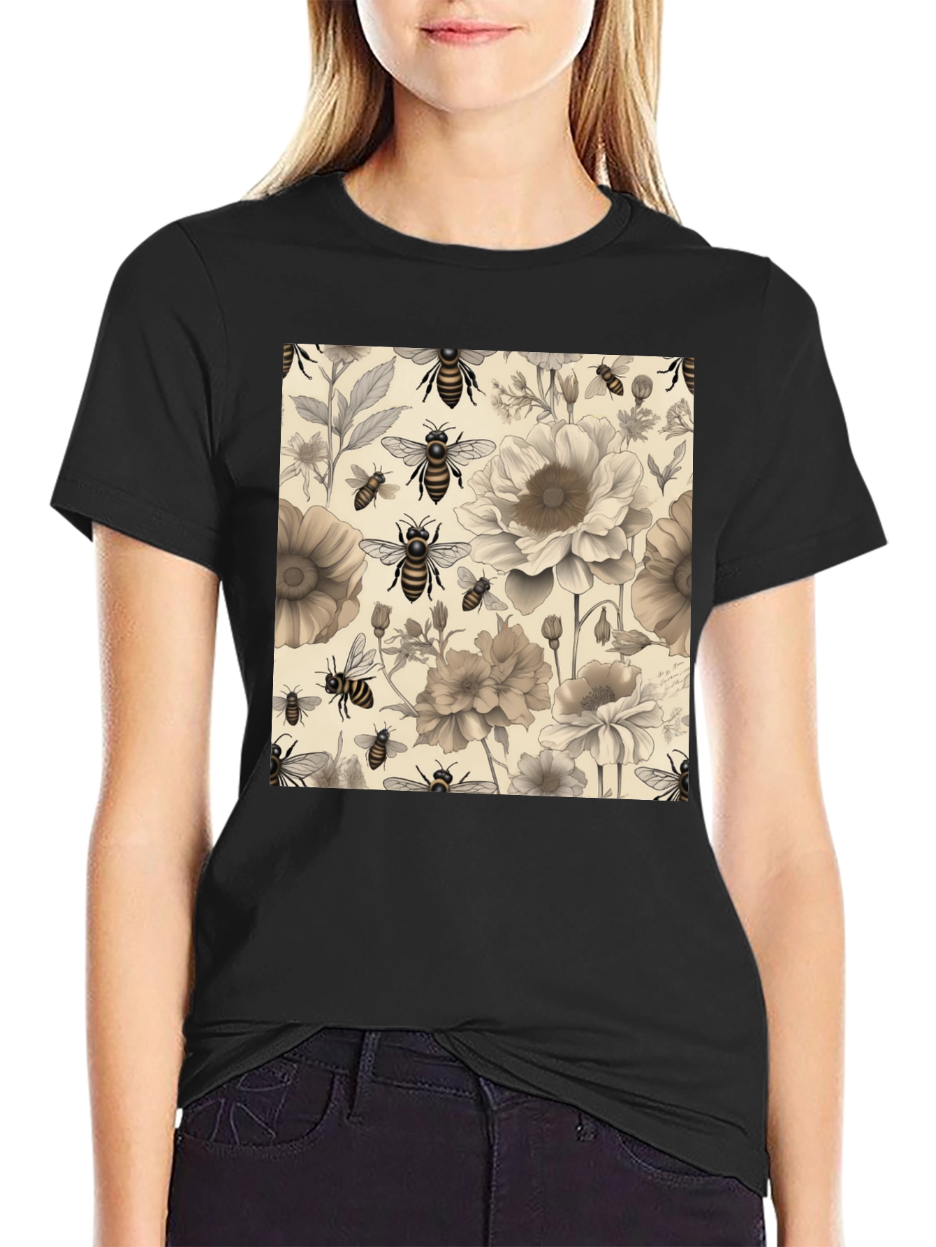 Black Floral Bee Print Black T-Shirt view 2