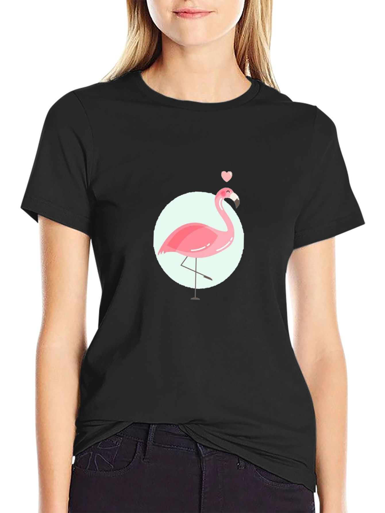 Black Pink Flamingo Graphic Tee - Black Cotton Casual T-Shirt view 2