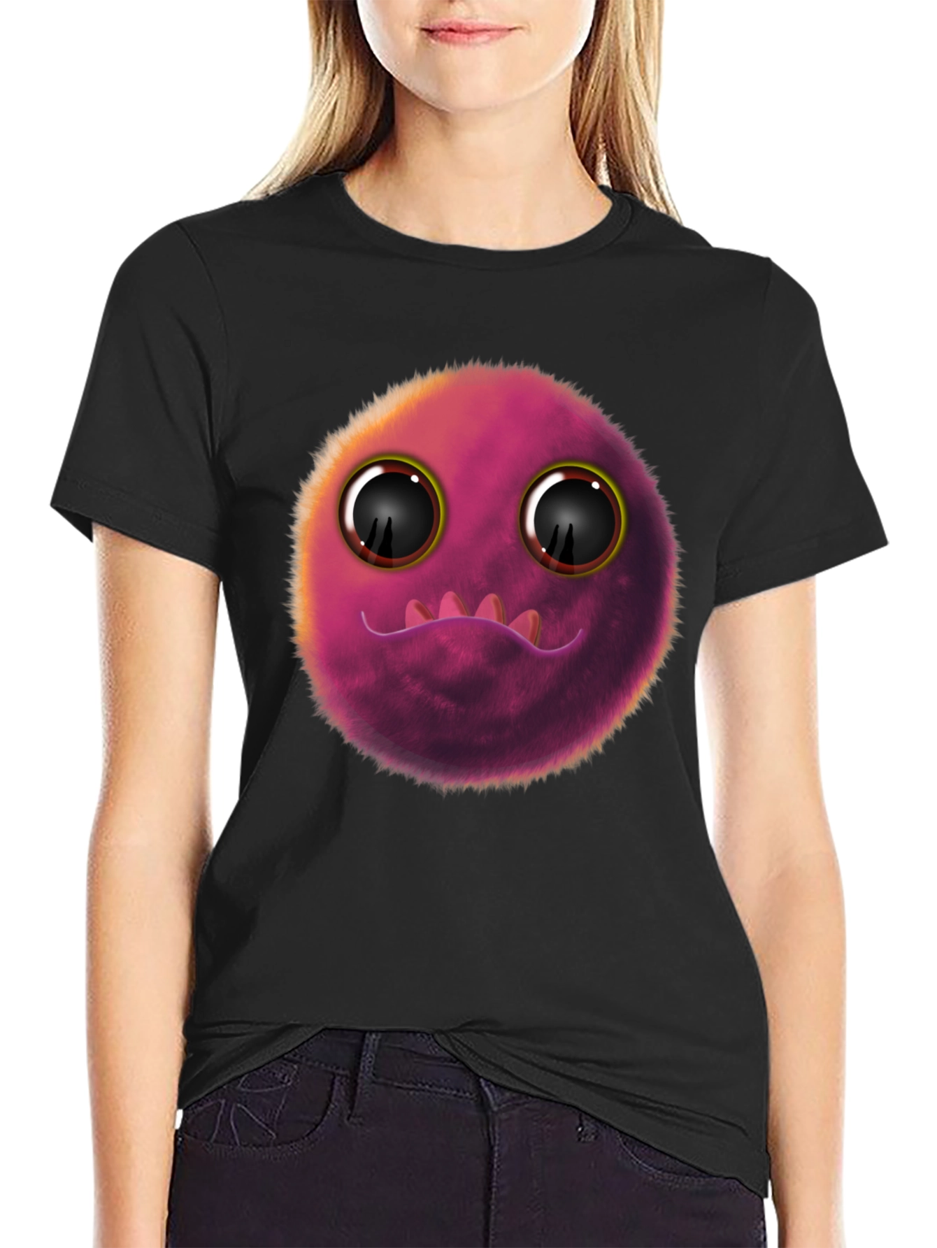 Black Fuzzy Monster Graphic Tee - Fun Novelty T-Shirt view 2