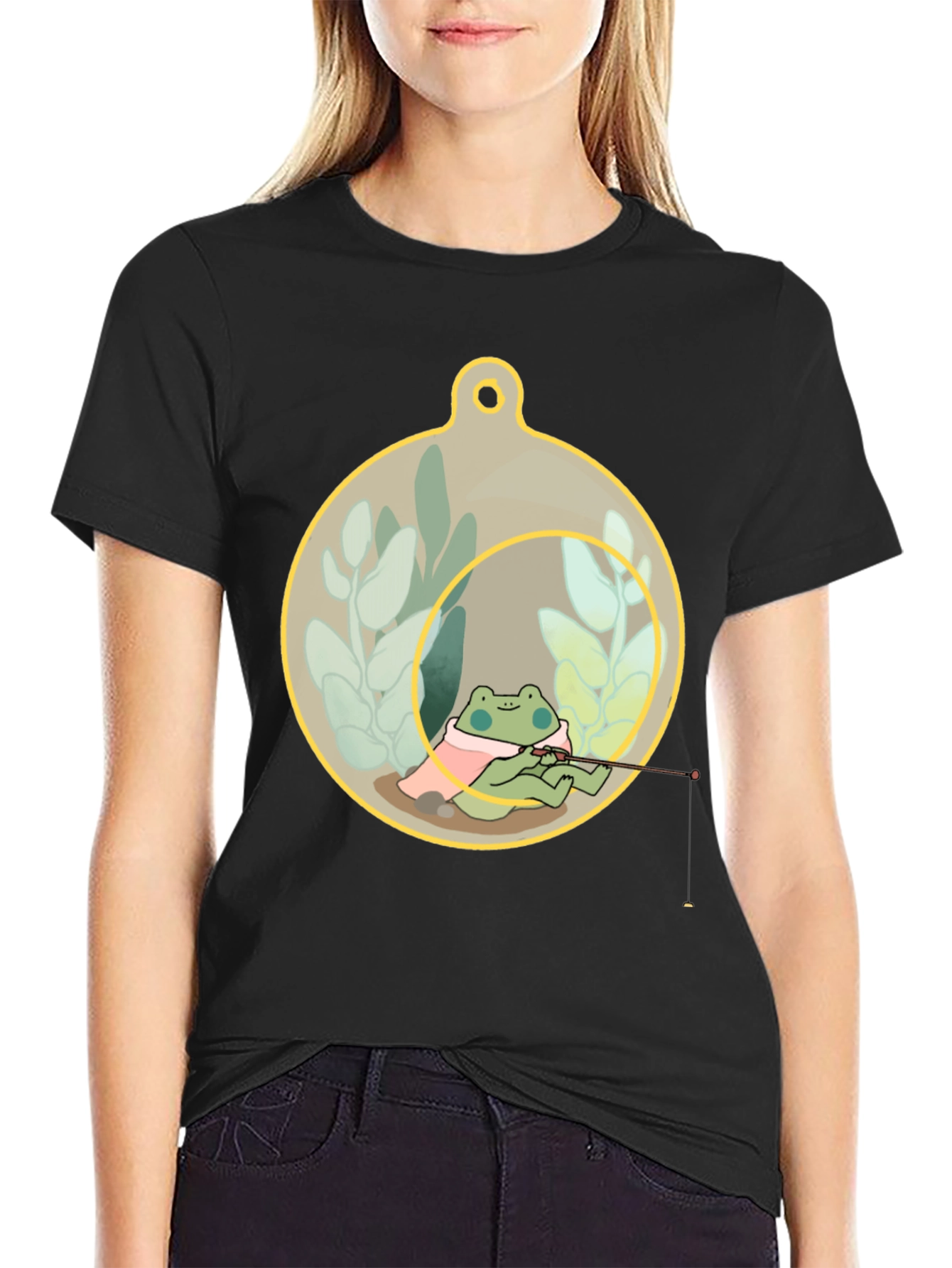 Black Frog Fishing in a Terrarium T-Shirt view 2