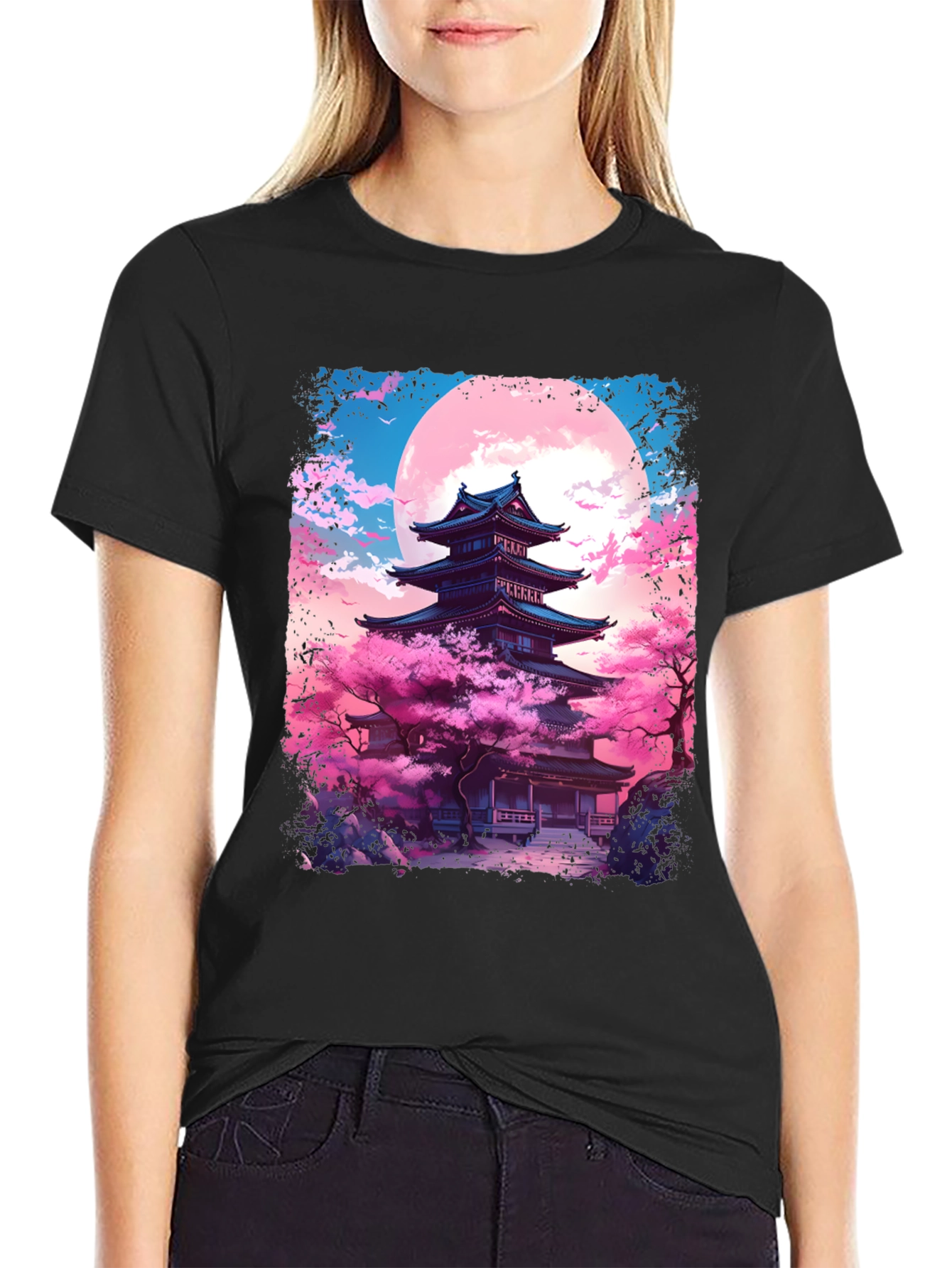 Black Japanese Temple Sakura Moon Men's Graphic Tee view 2