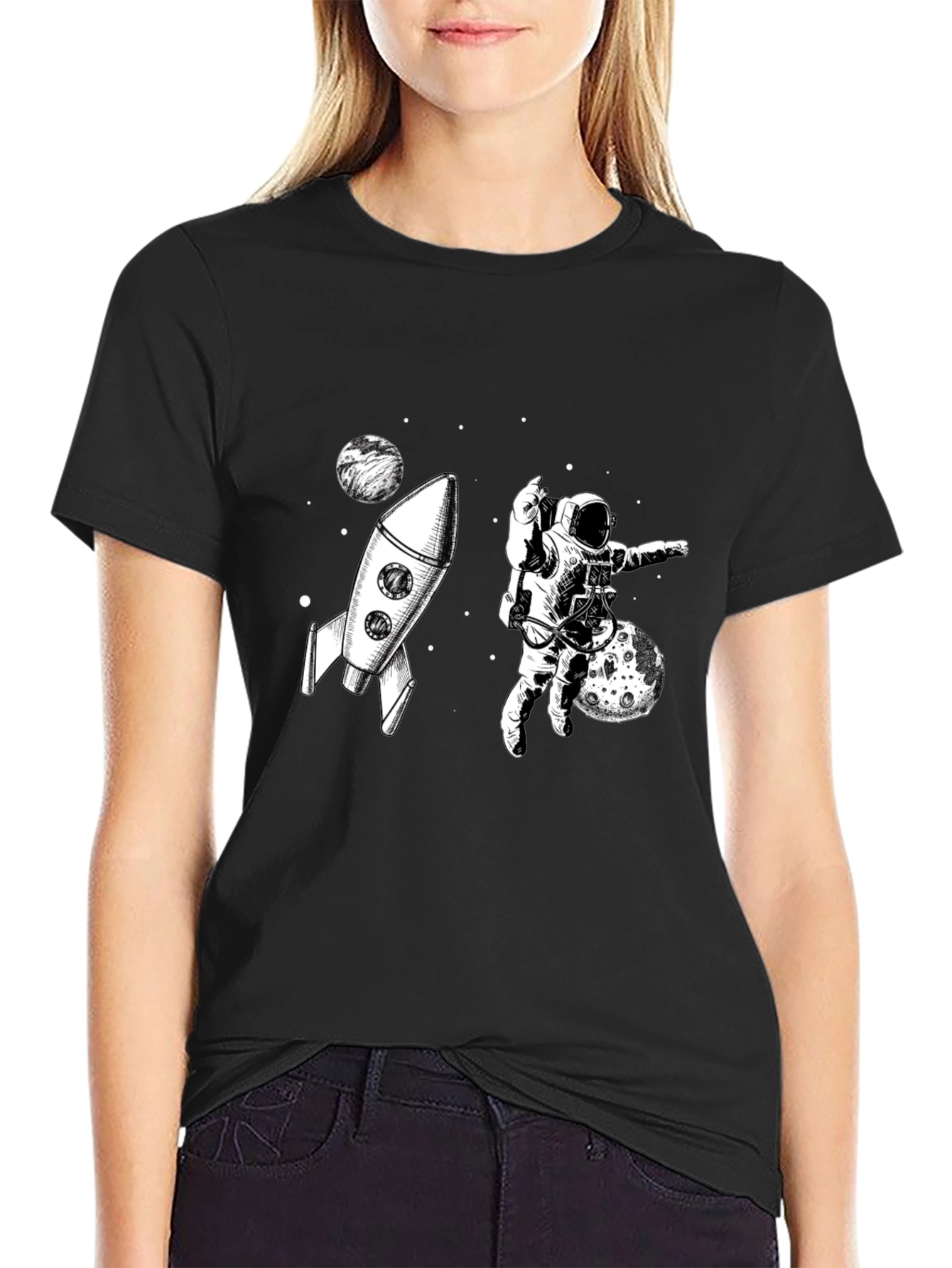 Black Space Explorer Graphic Tee - Black Cotton T-Shirt view 2