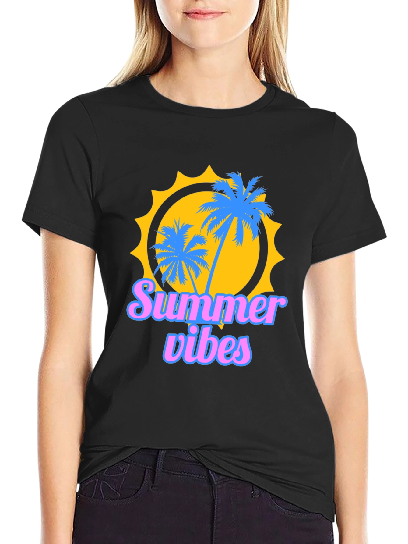Black Summer Vibes Graphic Tee - Black Cotton T-Shirt view 2