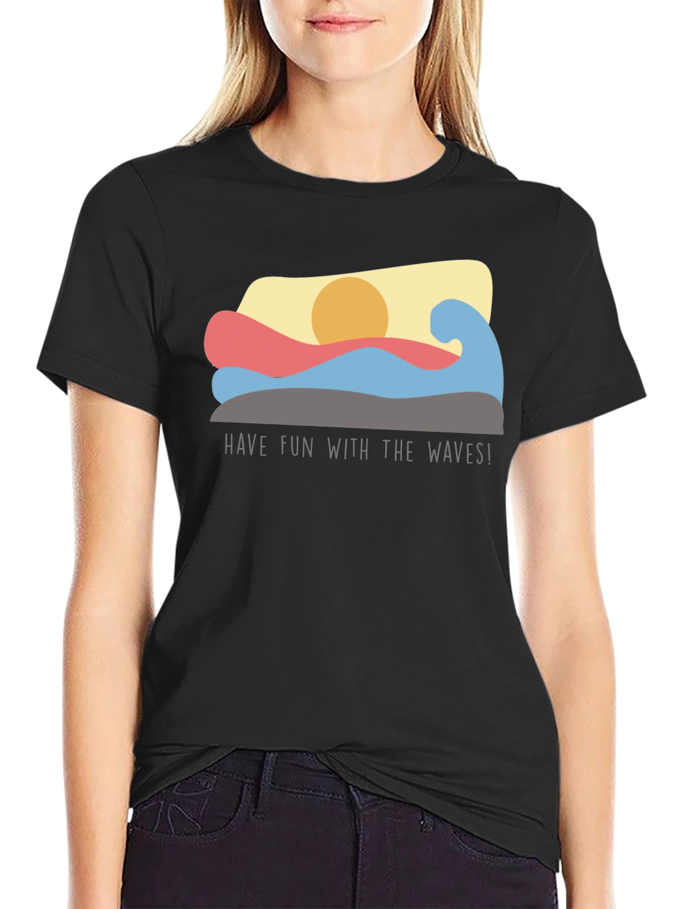 Black Fun Waves Graphic Tee - Black Cotton T-Shirt view 2