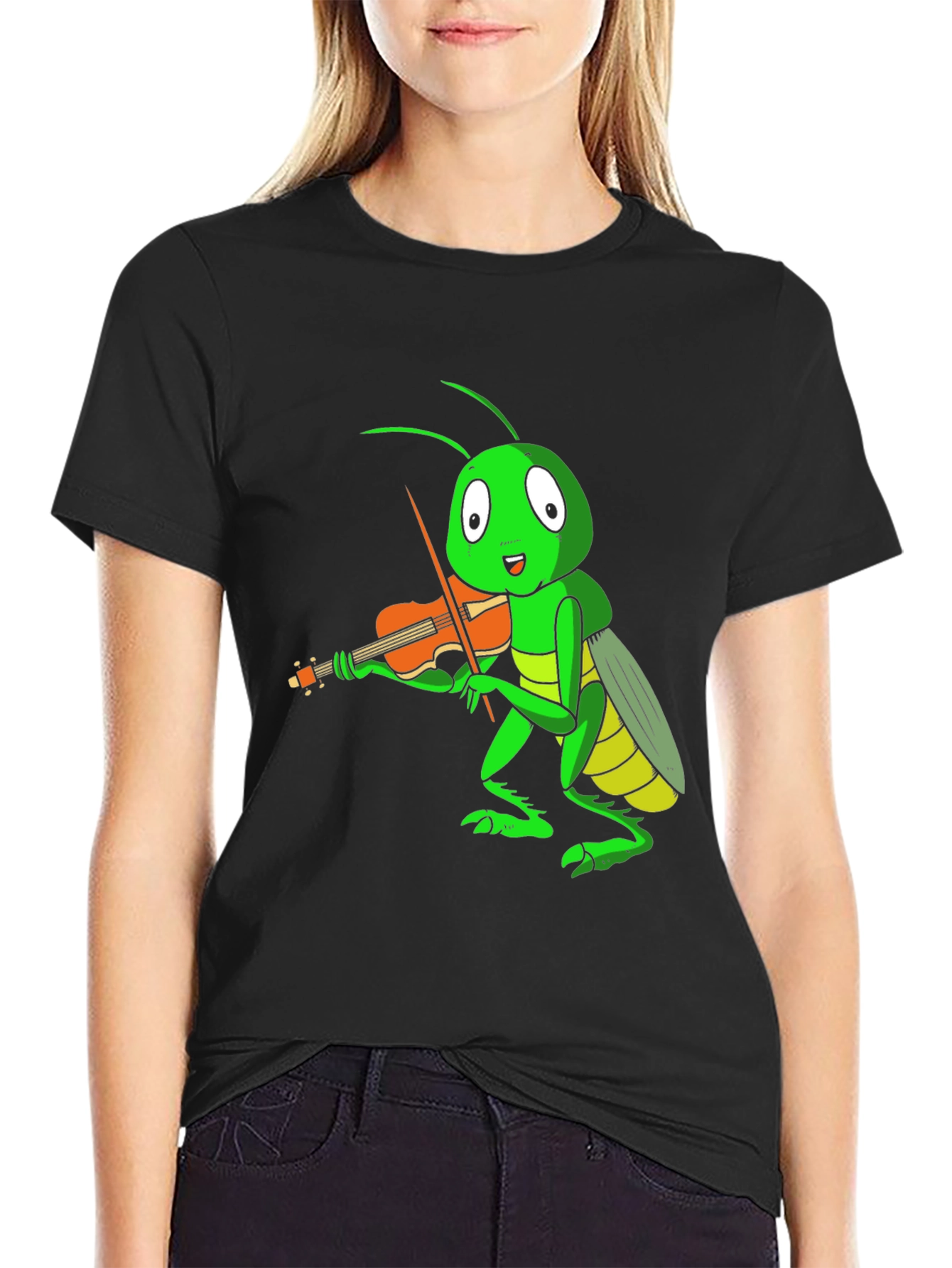 Black Grasshopper Violinist T-Shirt - Unique Graphic Tee view 2
