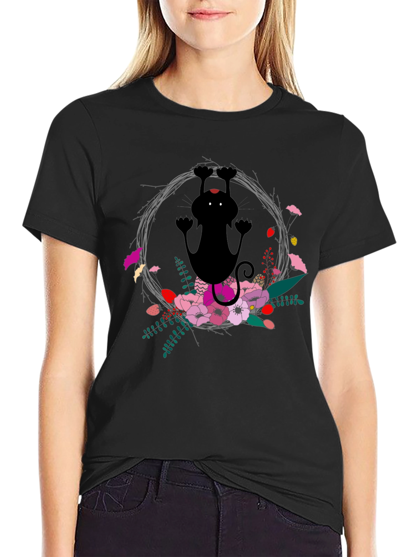 Black Floral Cat Black T-Shirt - Fun & Unique Design view 2