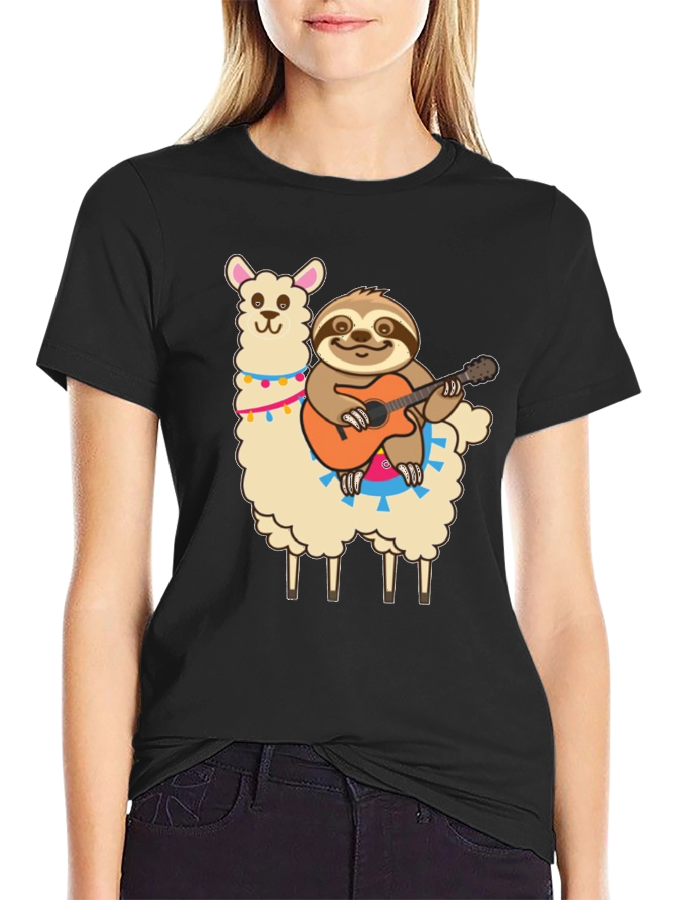 Black Llama & Sloth Guitar T-Shirt view 2