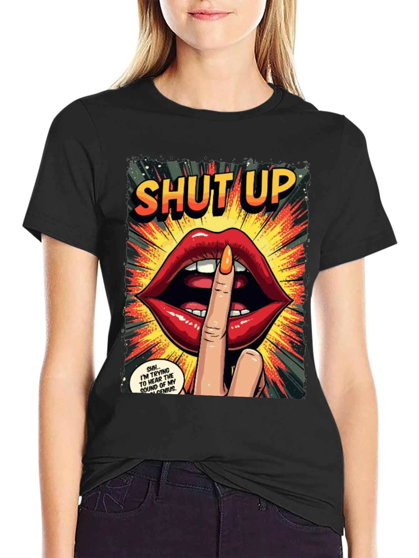 Black Shut Up Graphic Tee - Comic Book Style view 2