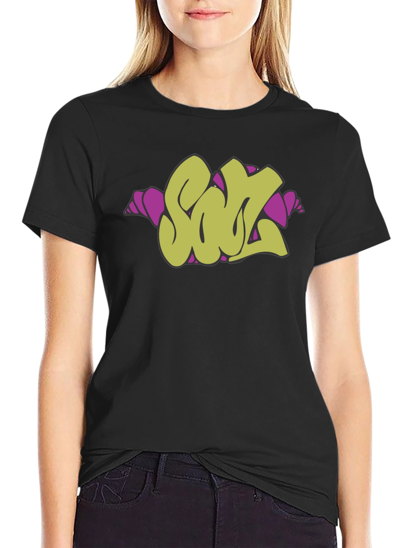 Black Graffiti Style Olive 'SOUL' Graphic Black T-Shirt view 2