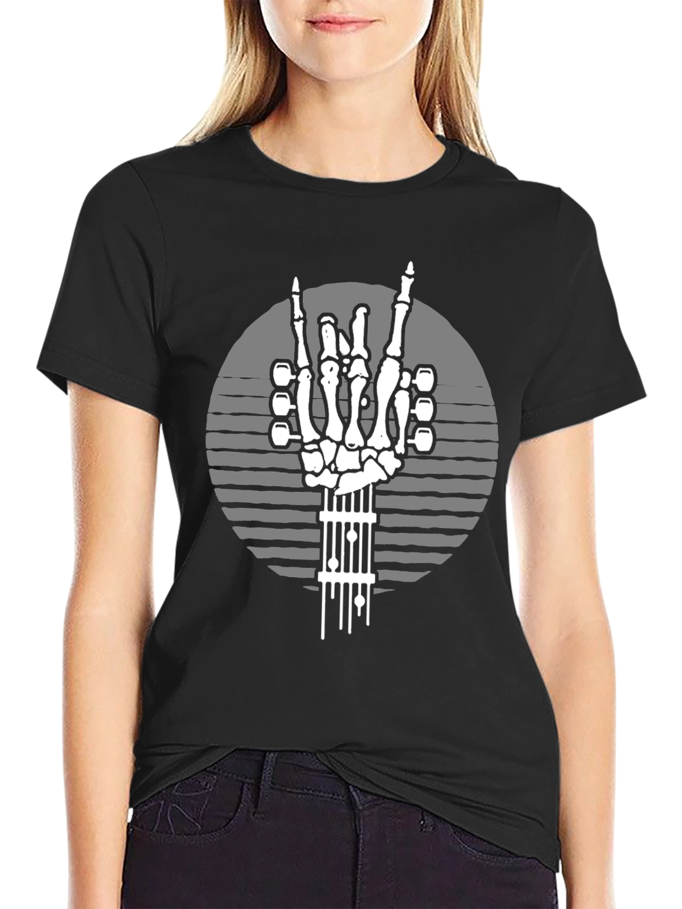 Black Rock On Skeleton Guitar Hand T-Shirt view 2