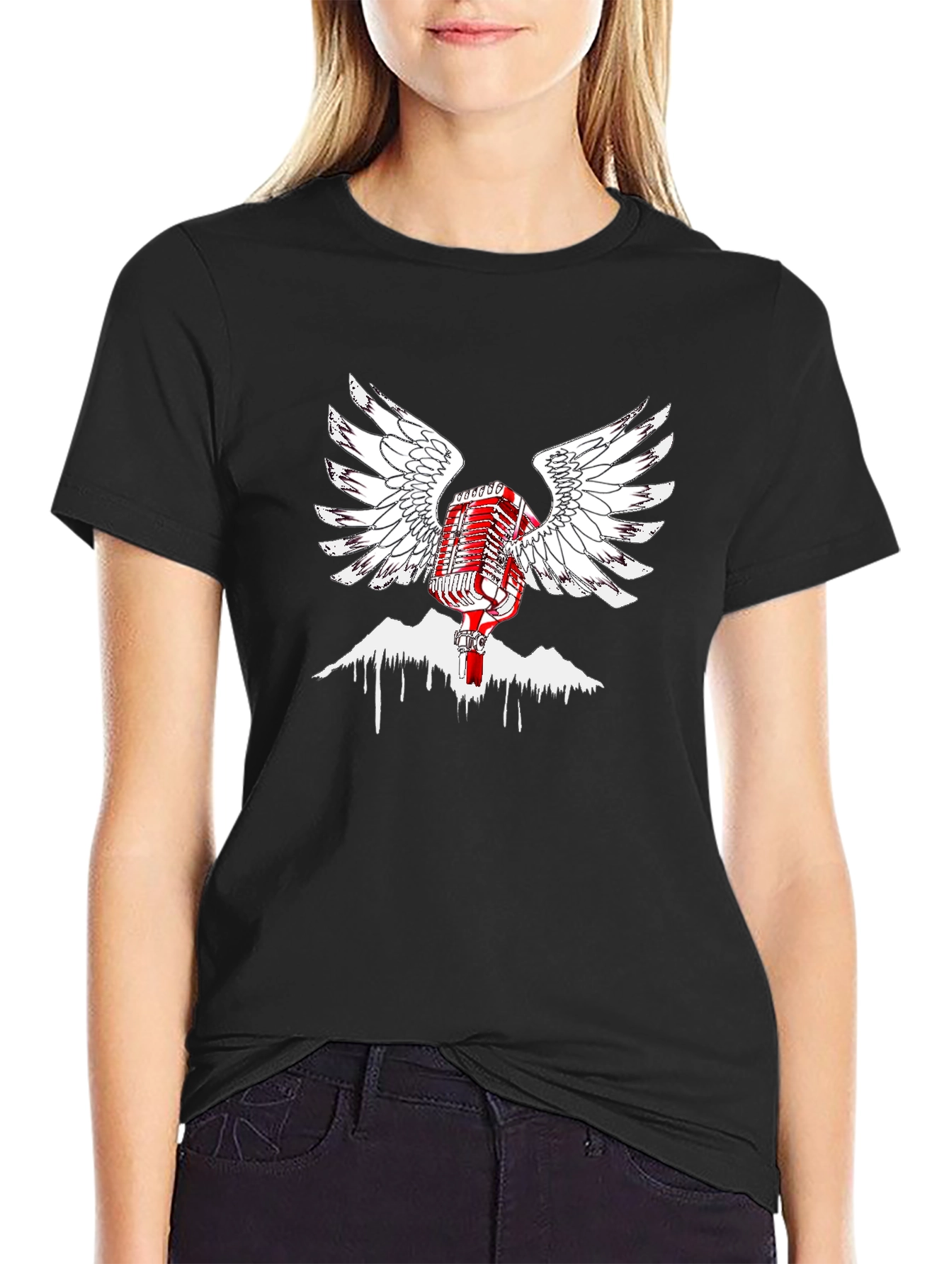 Black Retro Microphone Wings Black T-Shirt view 2