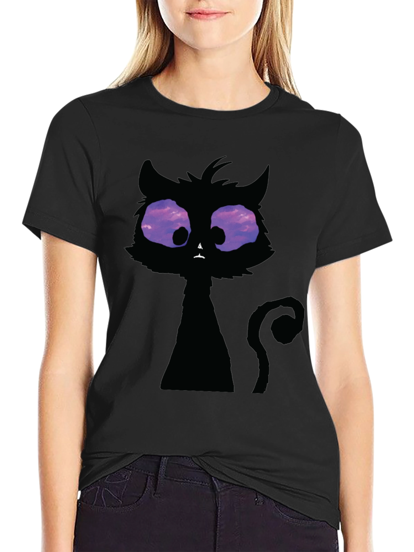 Black Whimsical Cat T-Shirt: Black Crew Neck with Unique Design view 2