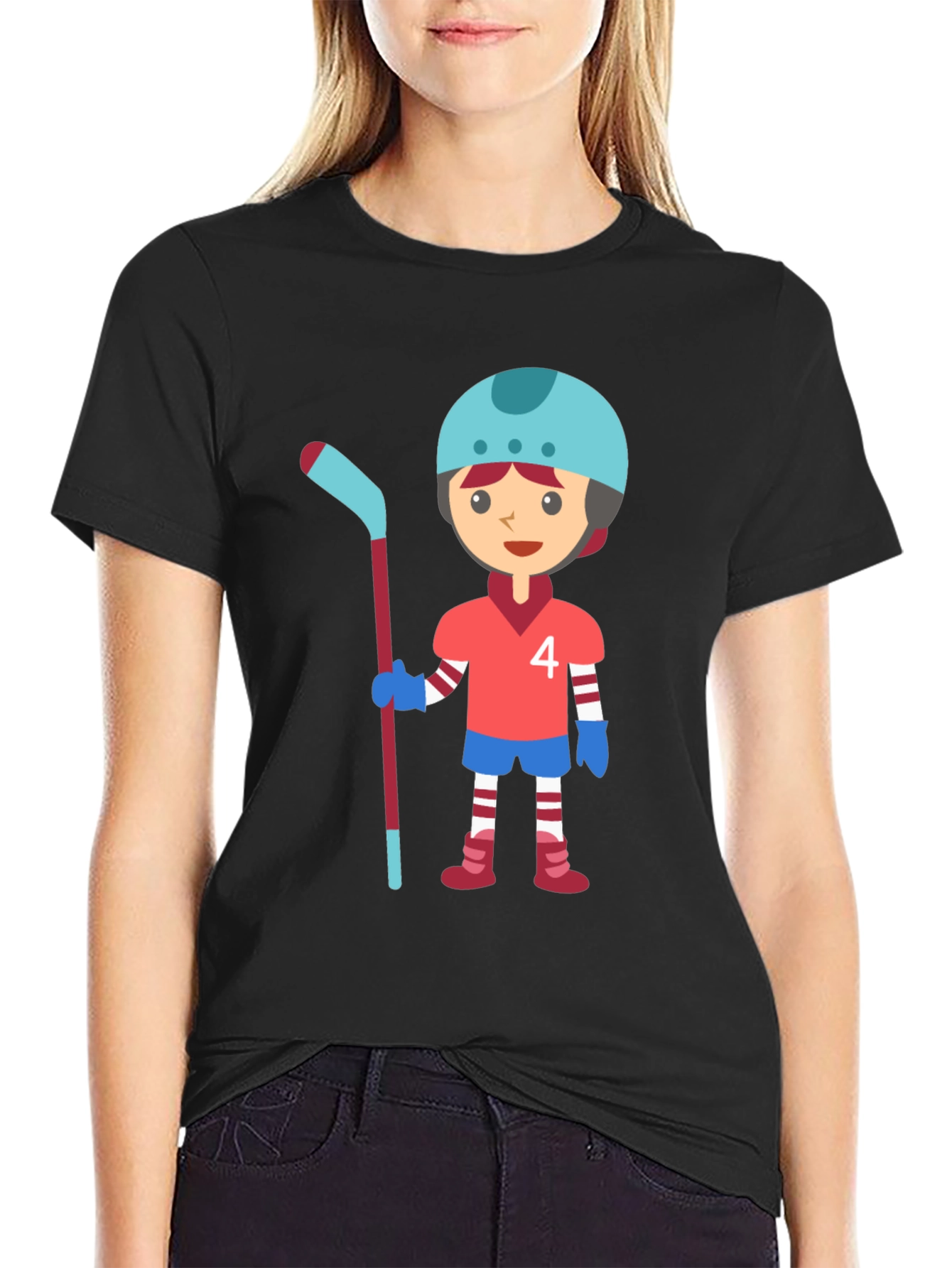 Black Cartoon Hockey Player Graphic T-Shirt view 2