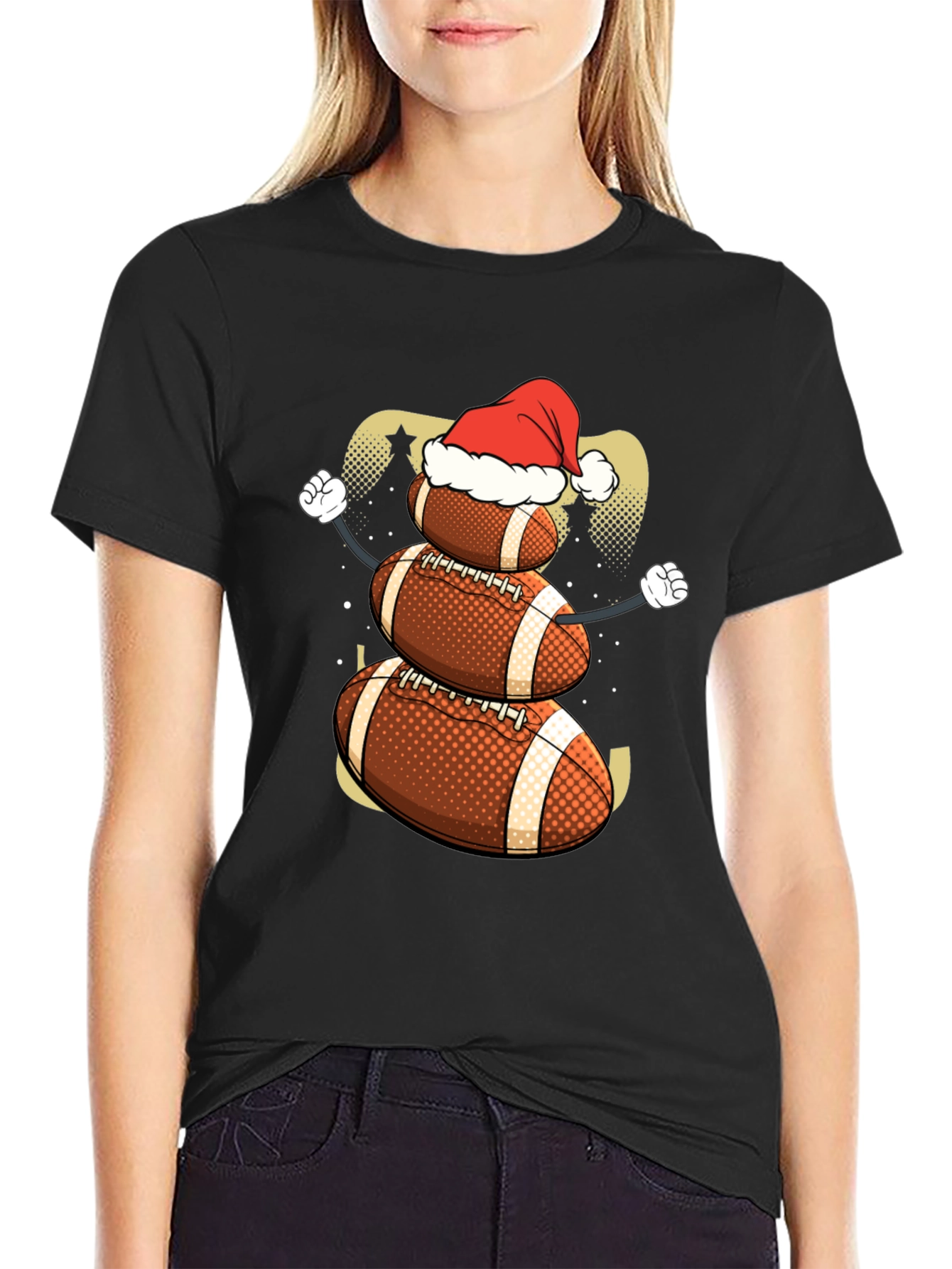 Black Football Snowman Christmas T-Shirt view 2