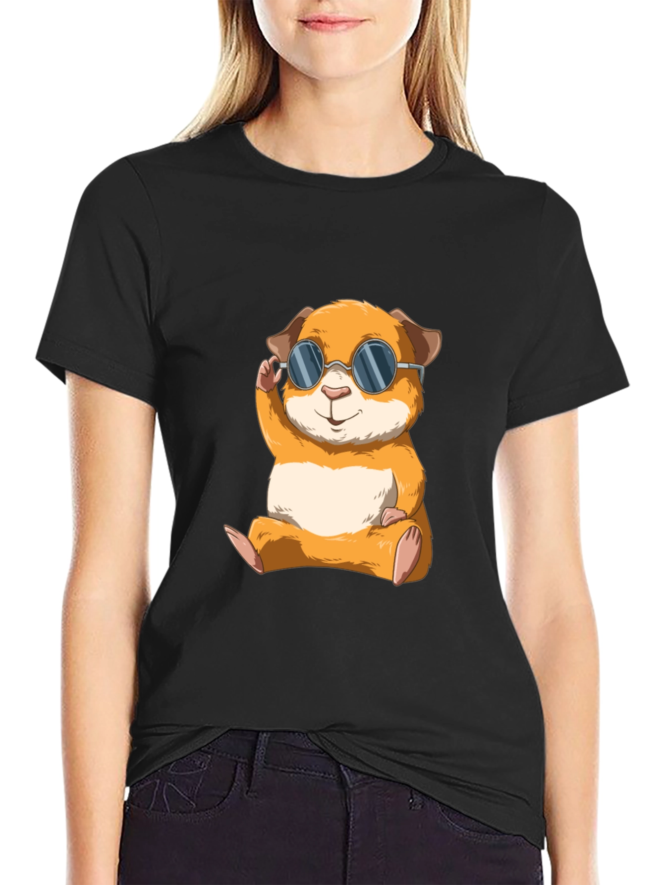 Black Cool Hamster Graphic Tee - Black Cotton T-Shirt view 2