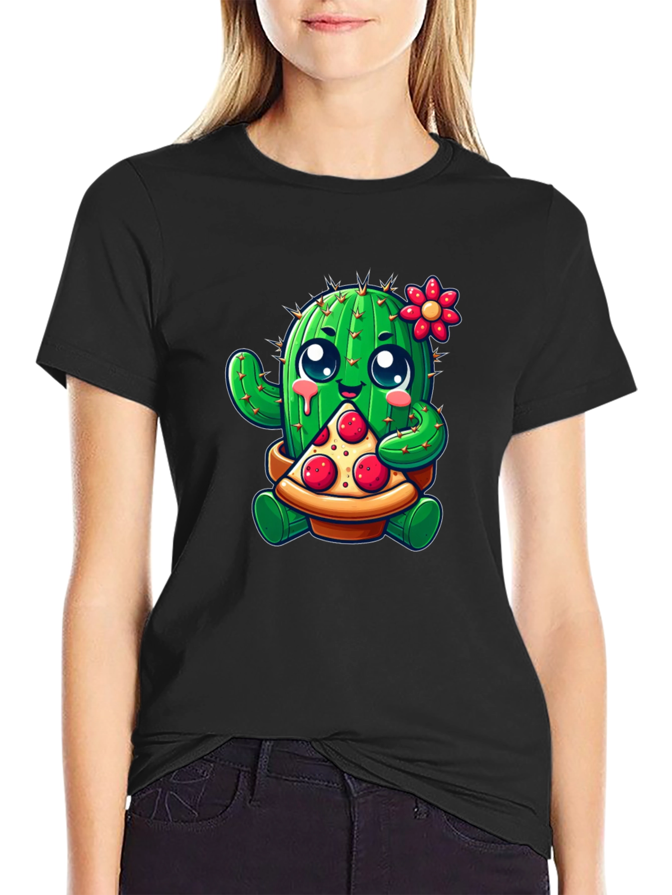 Black Cactus Pizza Lover Black T-Shirt view 2