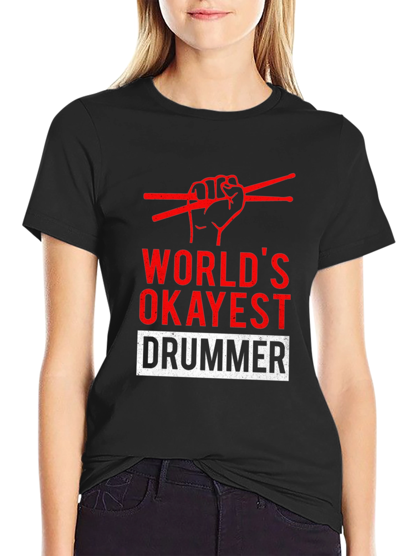 Black World's Okayest Drummer T-Shirt - Funny Musician Tee view 2