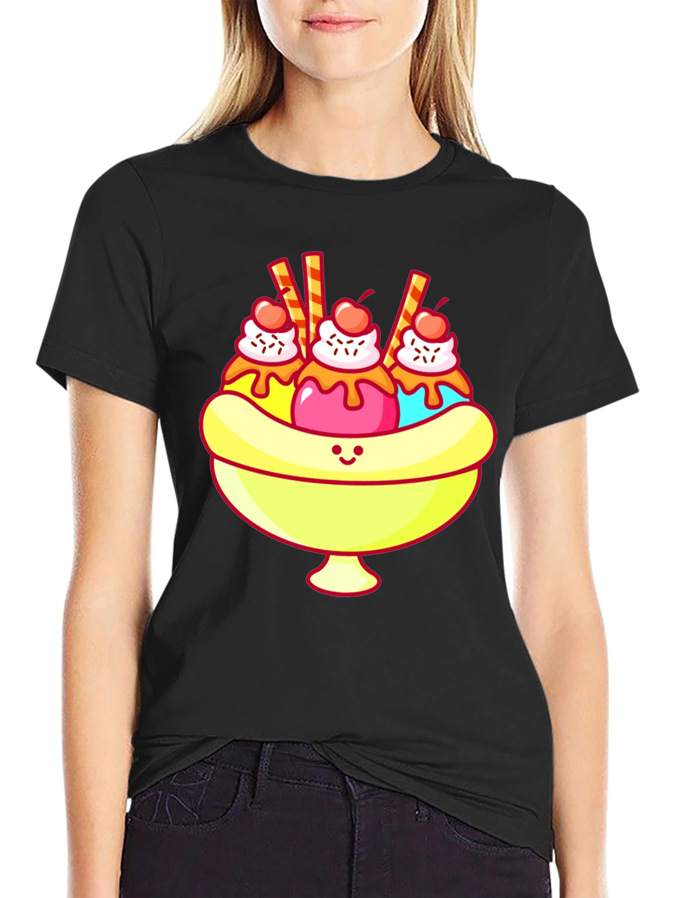 Black Banana Split T-Shirt - Sweet Cartoon Graphic Tee view 2