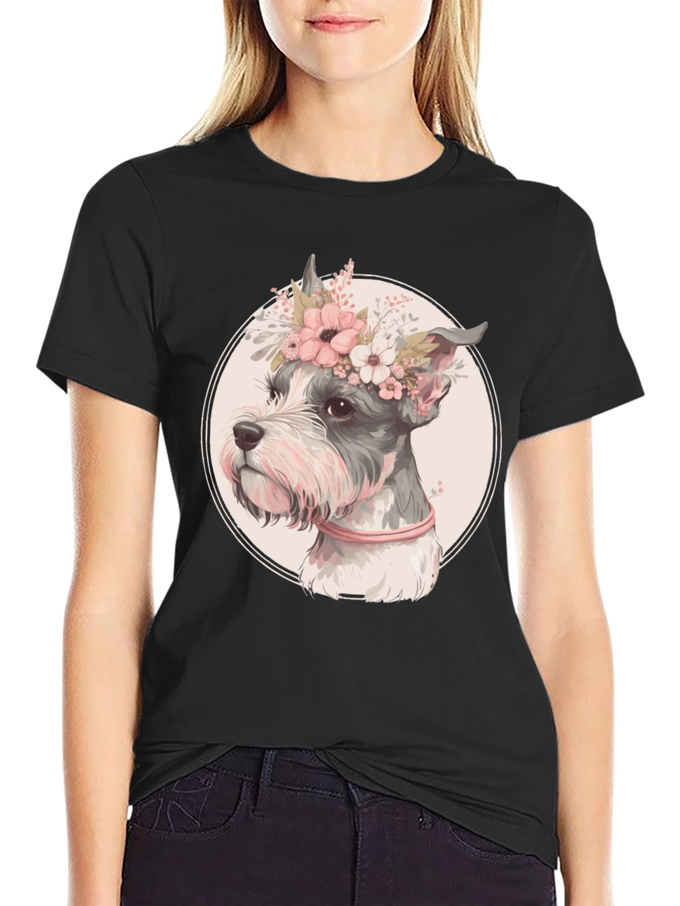 Black Dog with Flower Crown Graphic Tee view 2
