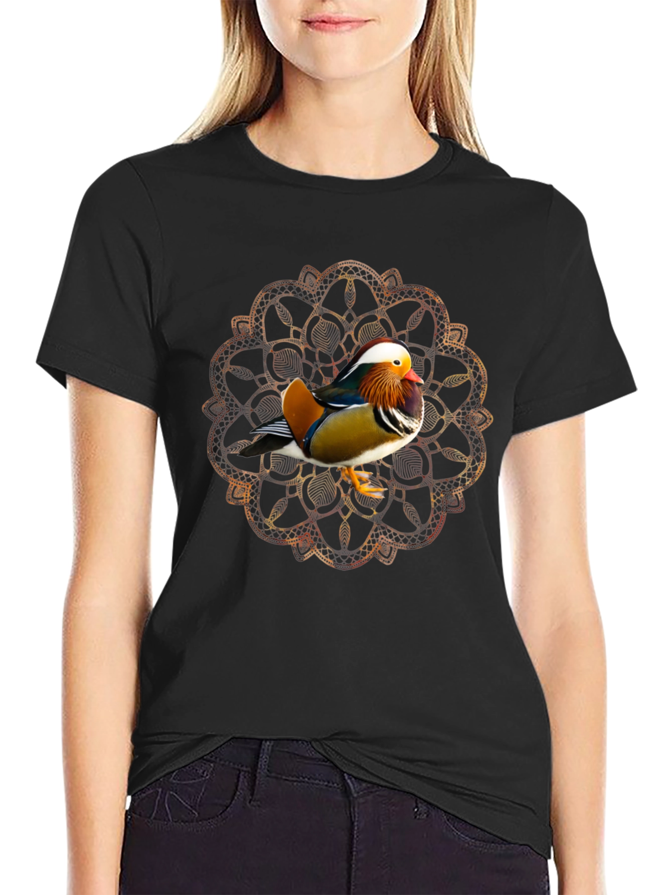 Black Mandarin Duck Mandala Graphic Tee - Stylish Men's T-Shirt view 2