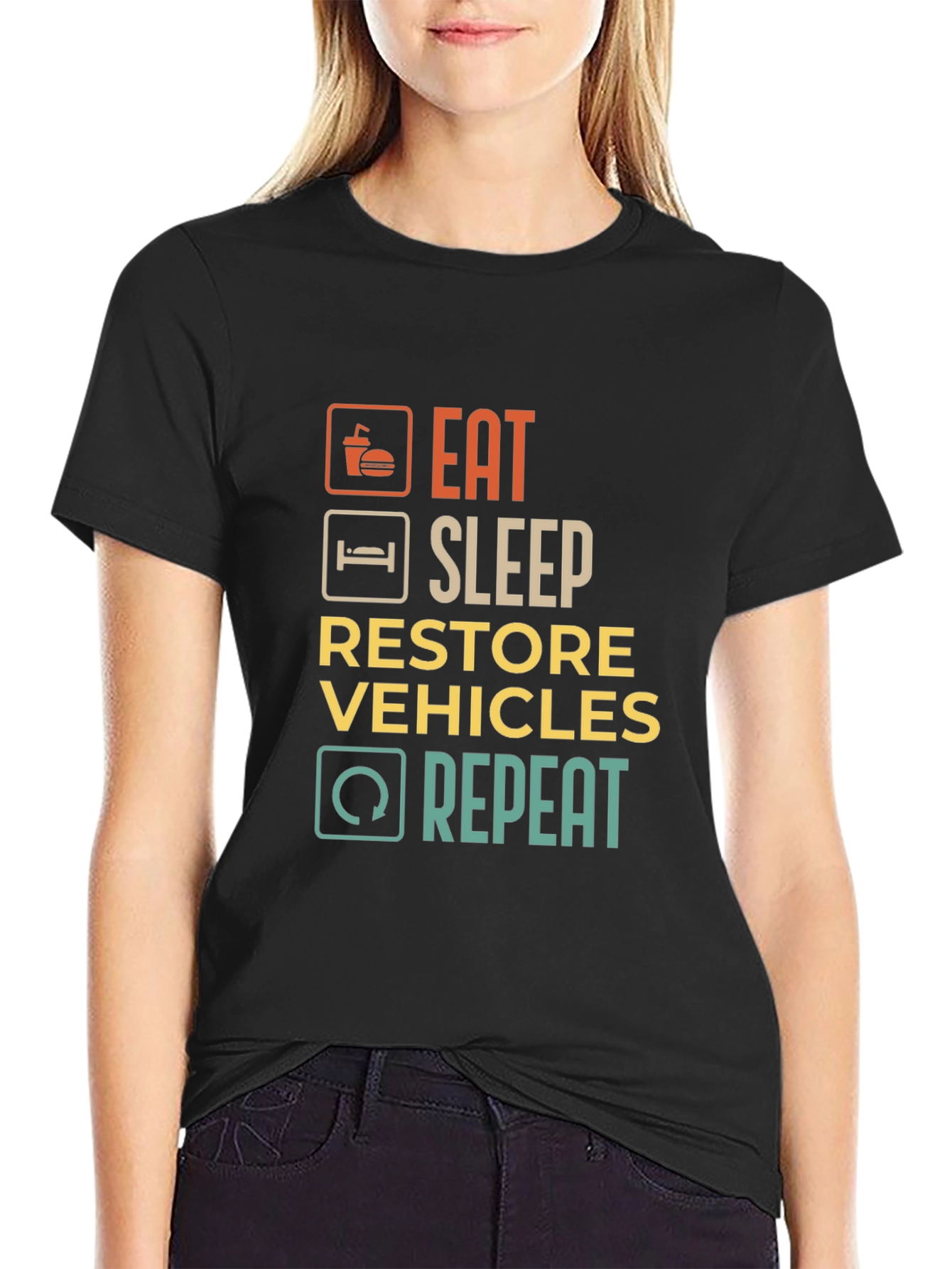 Black Eat Sleep Restore Vehicles Repeat Graphic T-Shirt view 2