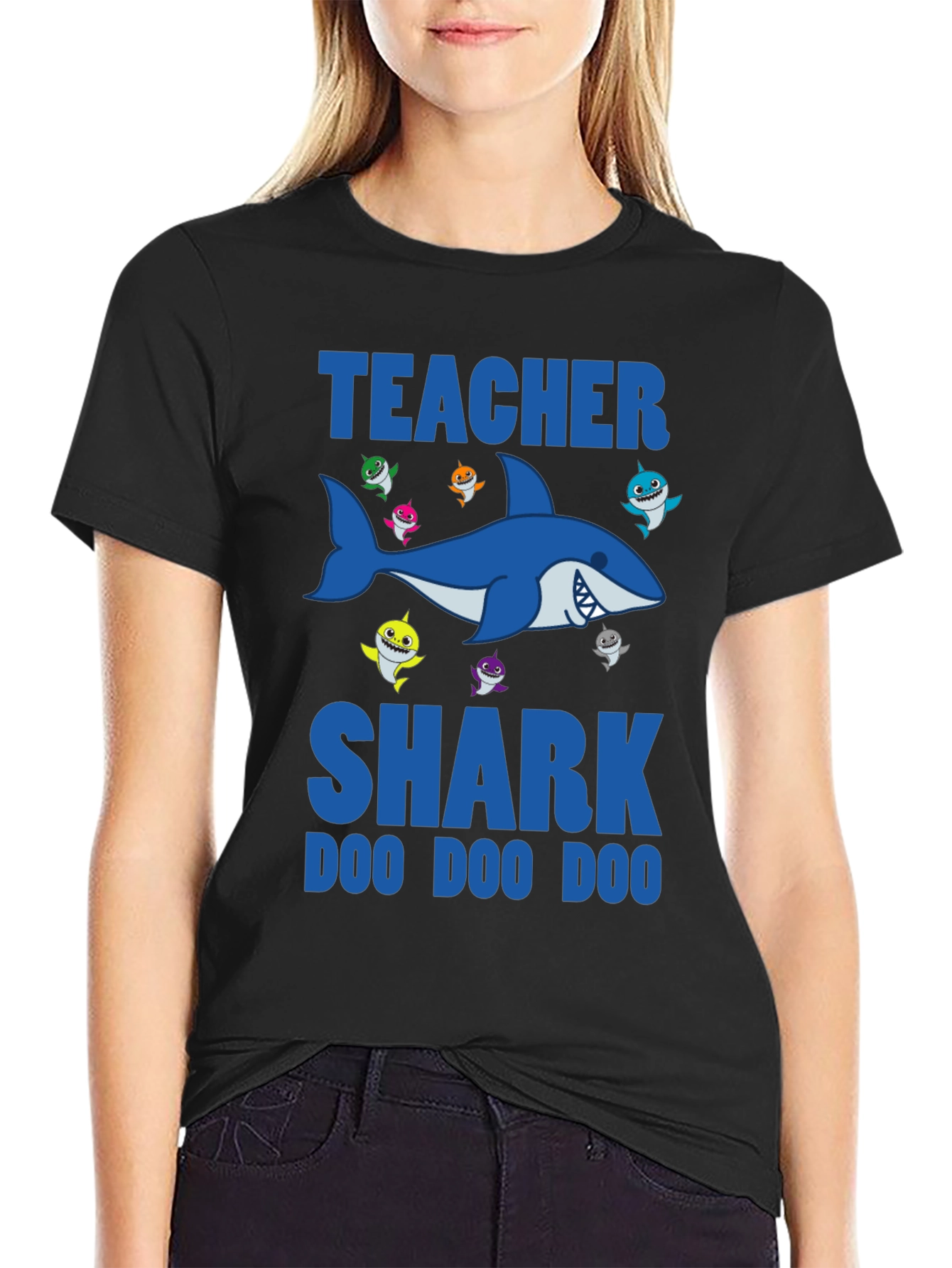 Black Teacher Shark T-Shirt - Doo Doo Doo - Black view 2