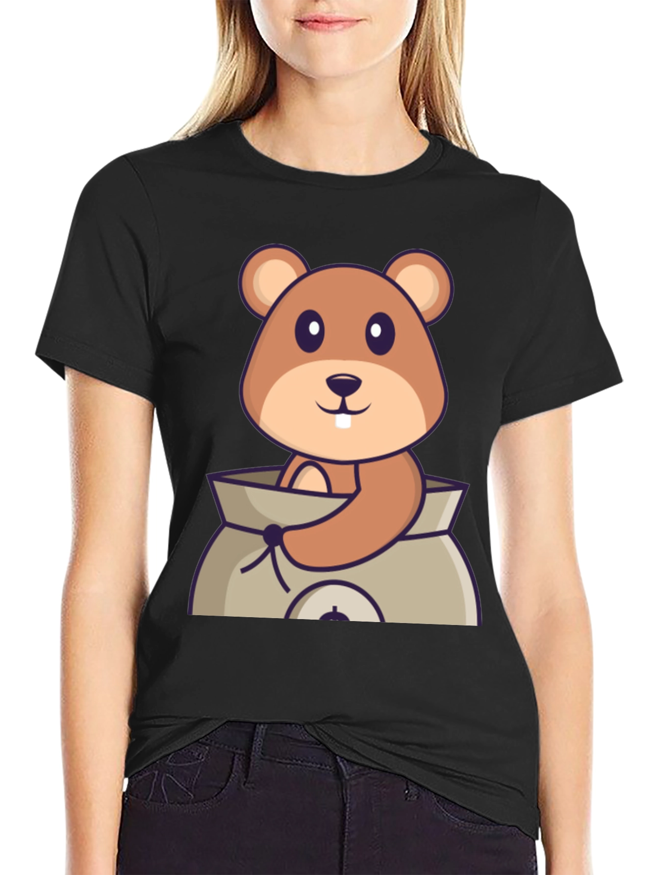Black Cartoon Groundhog in Sack Black T-Shirt view 2