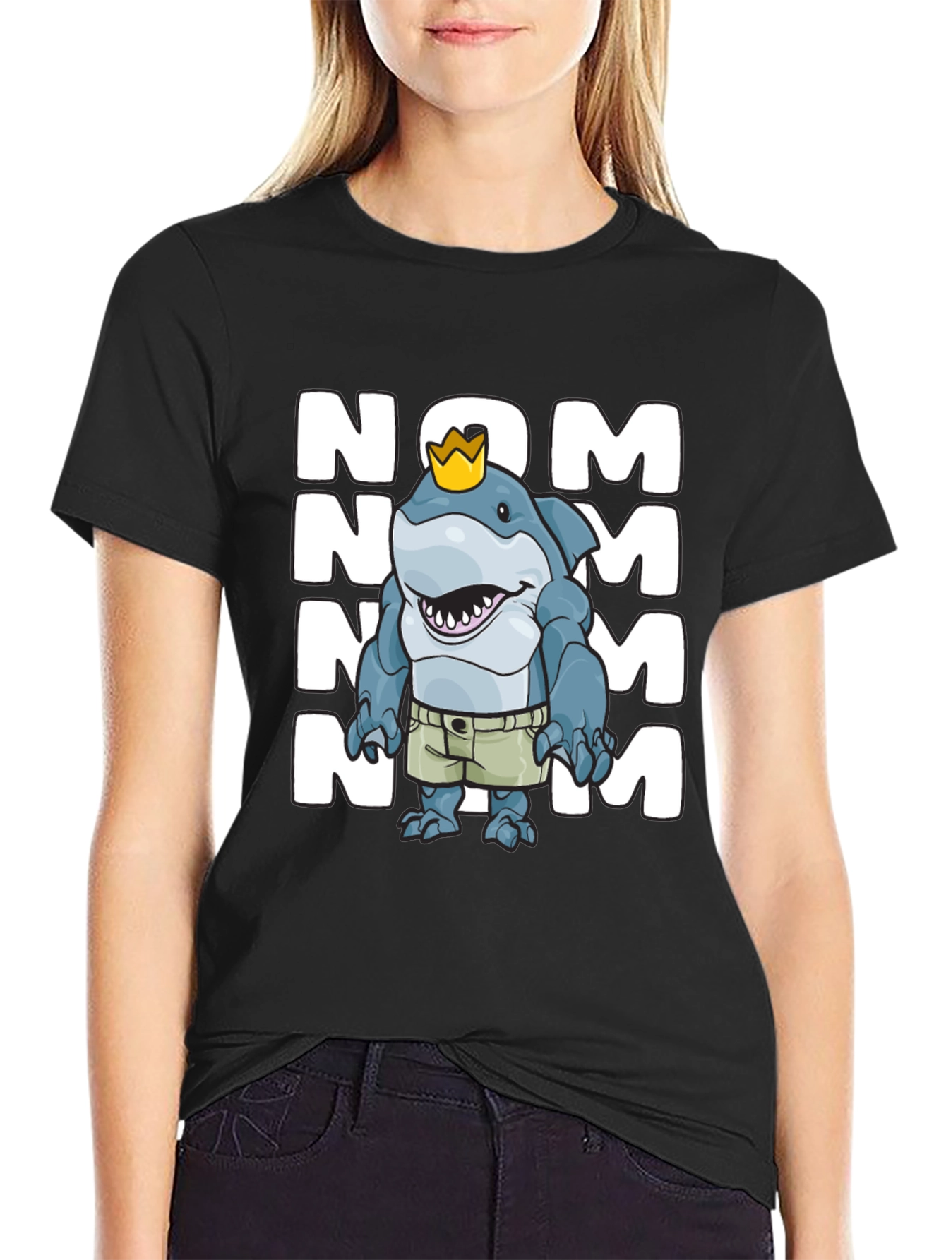 Black Nom Shark T-Shirt - Funny Cartoon Shark Graphic Tee view 2