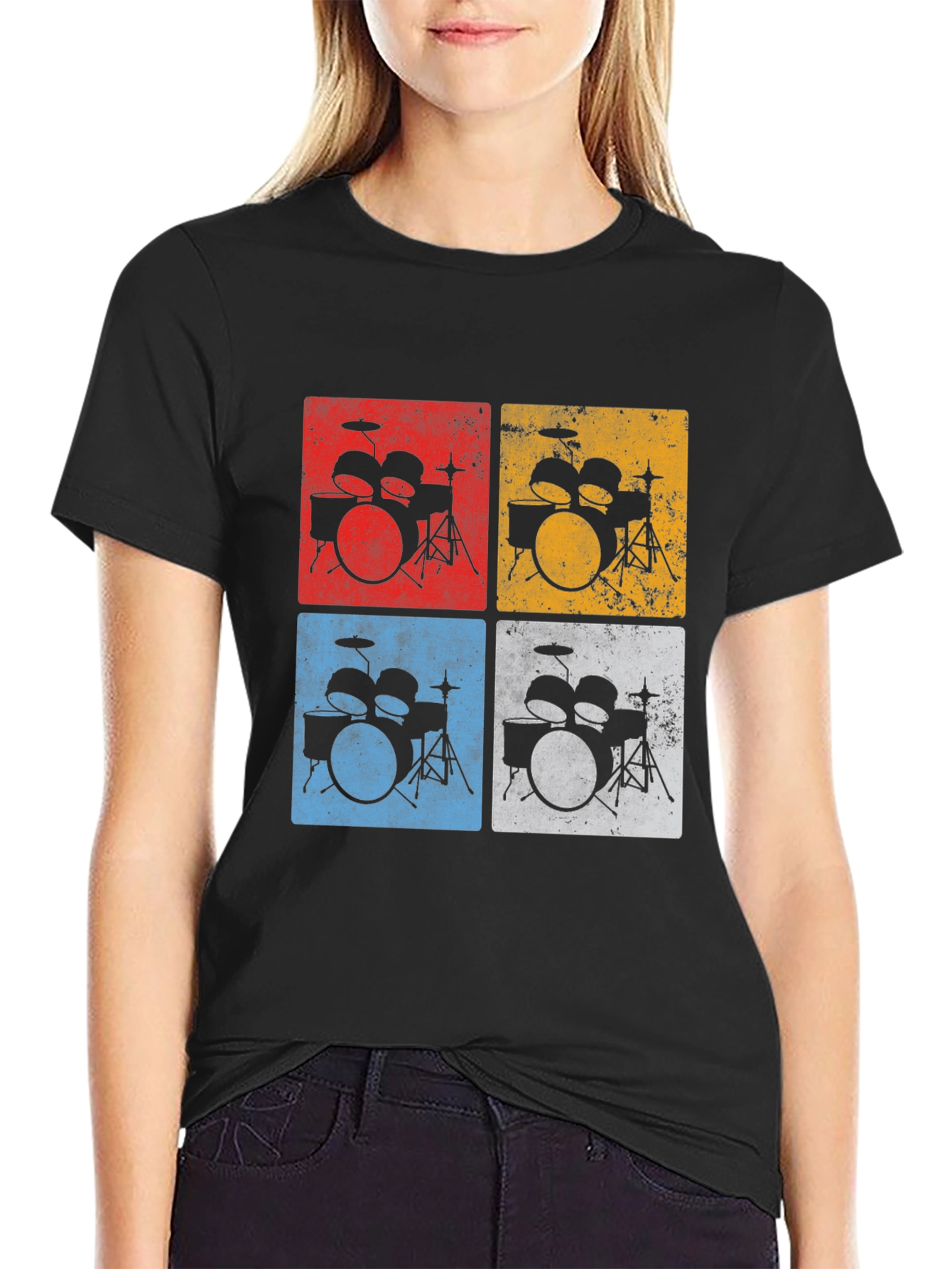 Black Retro Drum Kit T-Shirt - Musician's Tee view 2