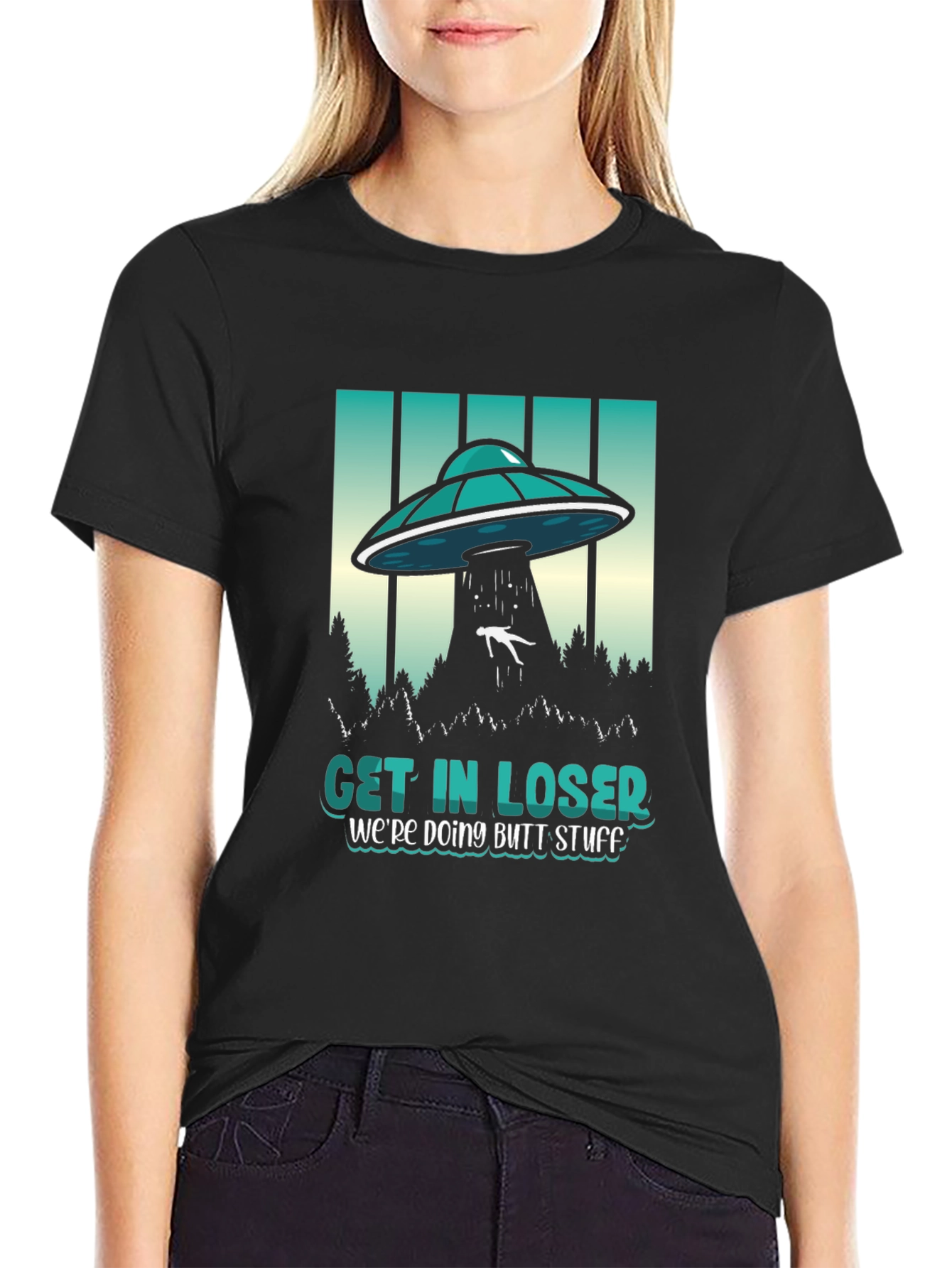 Black Get In Loser Graphic Tee - UFO Abduction Humor view 2
