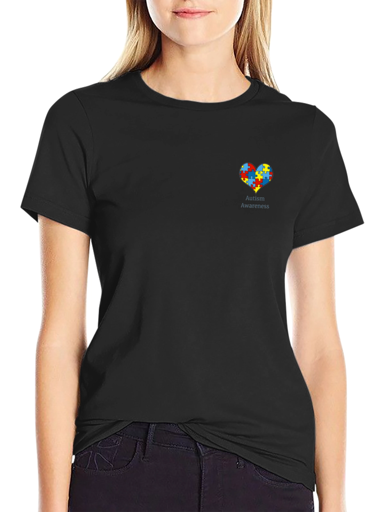 Black Autism Awareness Puzzle Heart Graphic Tee - Black view 2