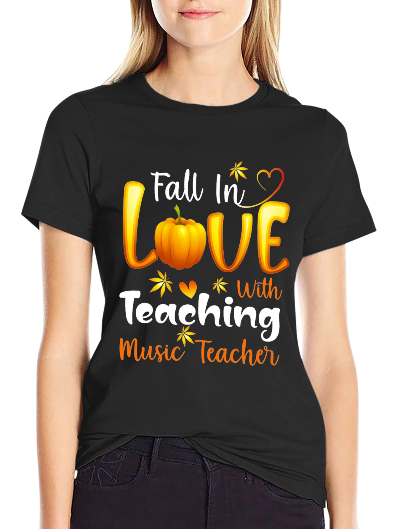 Black Fall In Love Teaching Music Teacher Black T-Shirt view 2