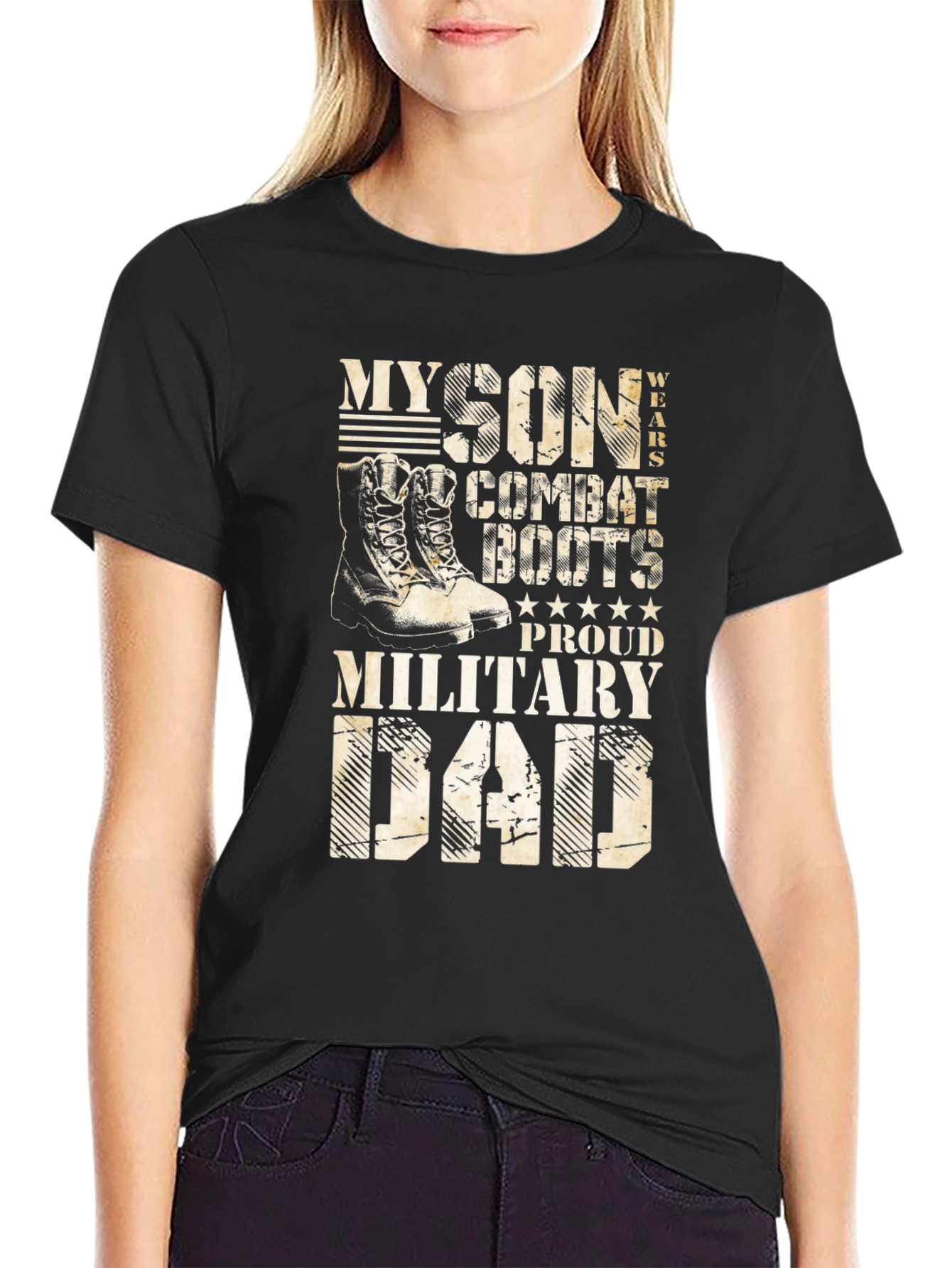 Black Proud Military Dad T-Shirt - Son Wears Combat Boots view 2