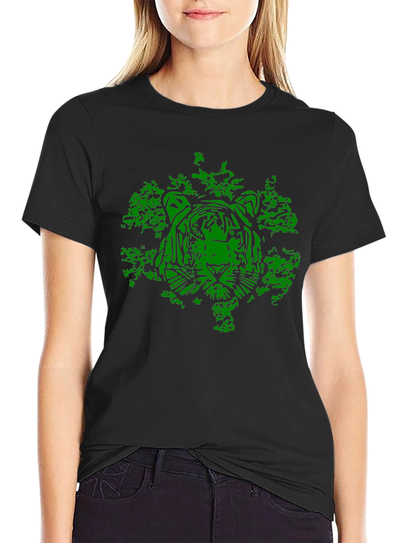 Black Green Tiger Graphic Black T-Shirt view 2