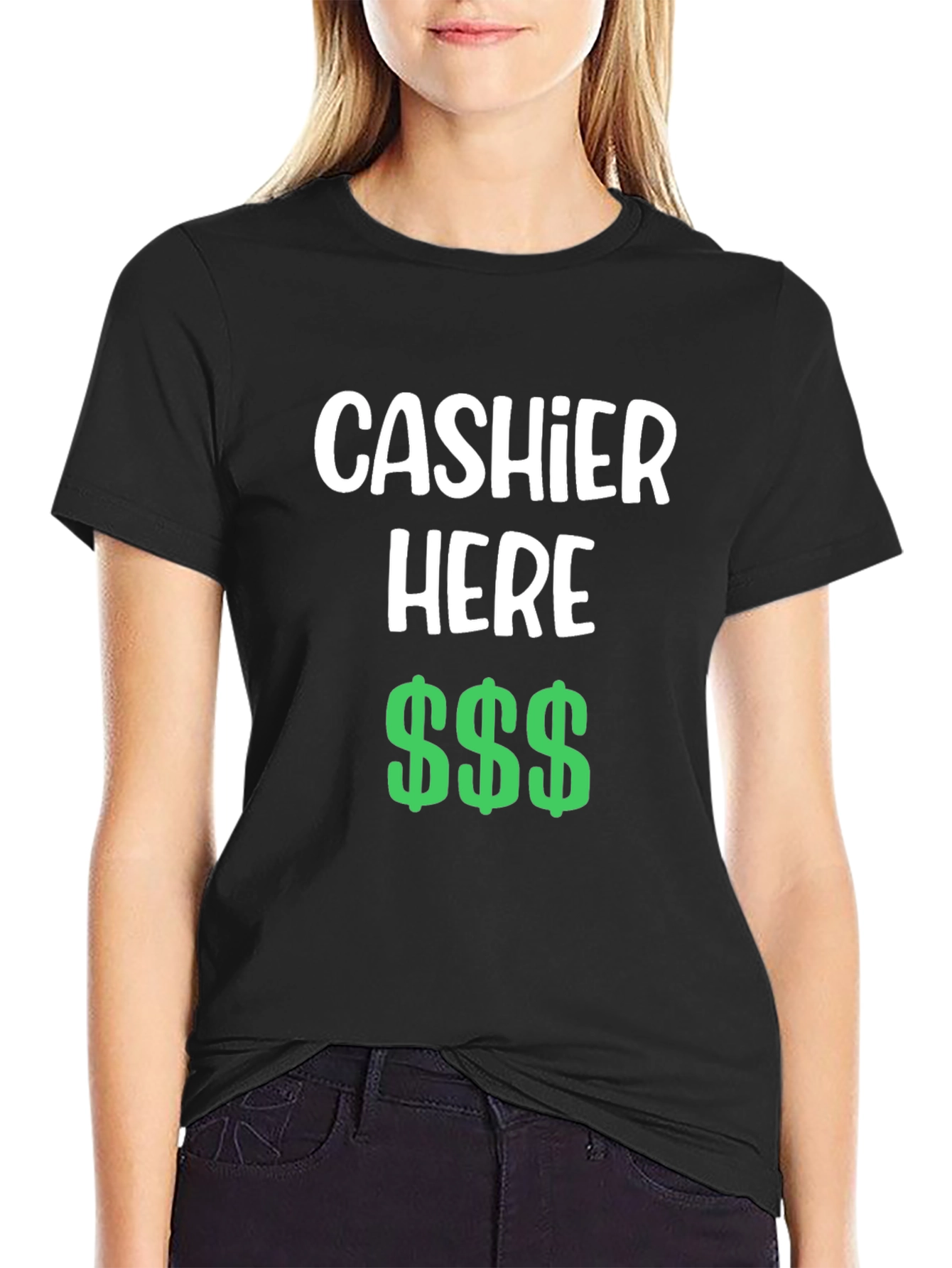 Black Cashier Here Funny T-Shirt - Black Crew Neck Tee view 2