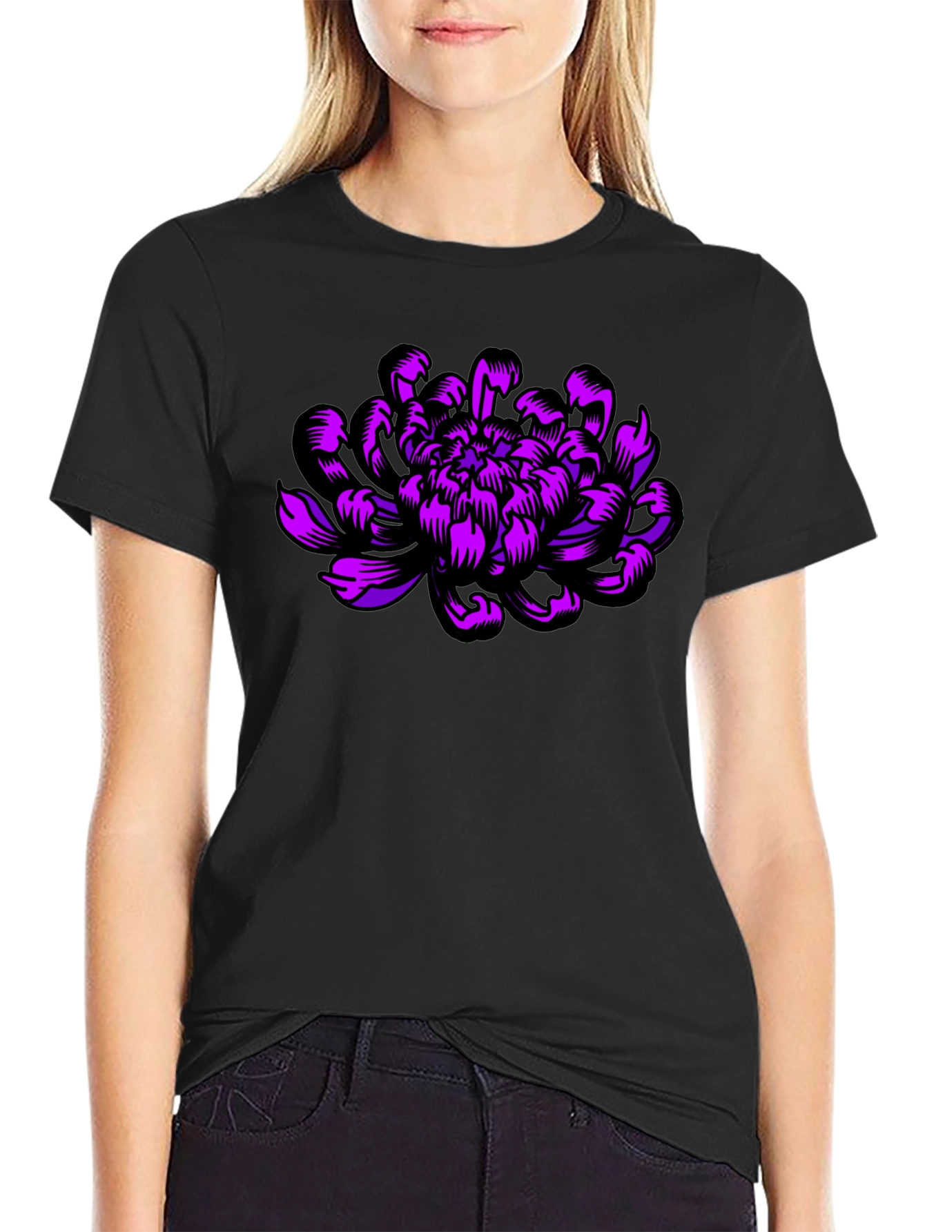 Black Black T-Shirt with Purple Flower Design view 2