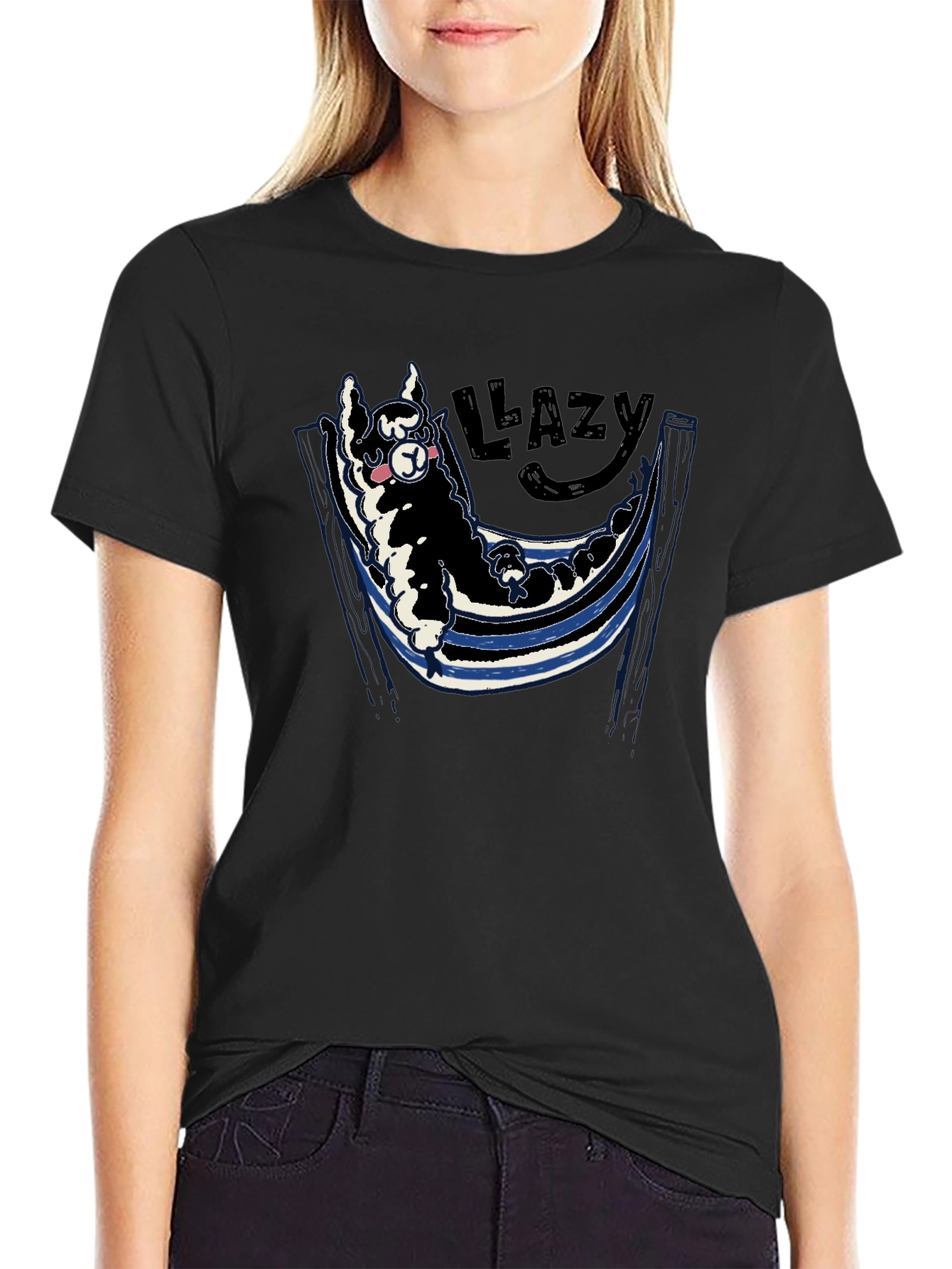 Black Lazy Llama Hammock Graphic Tee - Soft Cotton Blend view 2
