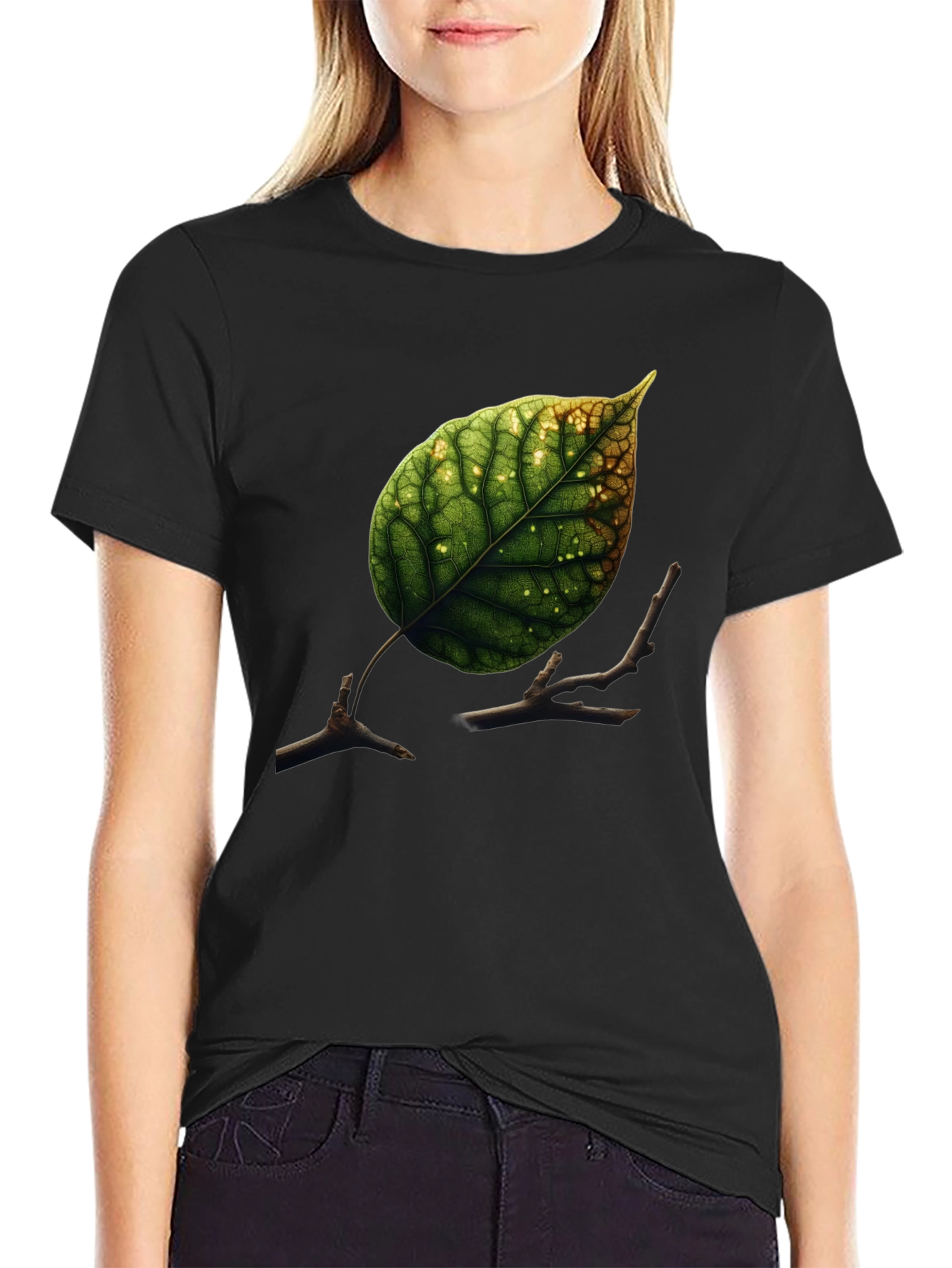 Black Leaf & Twigs Graphic Tee - Nature Inspired Black T-Shirt view 2