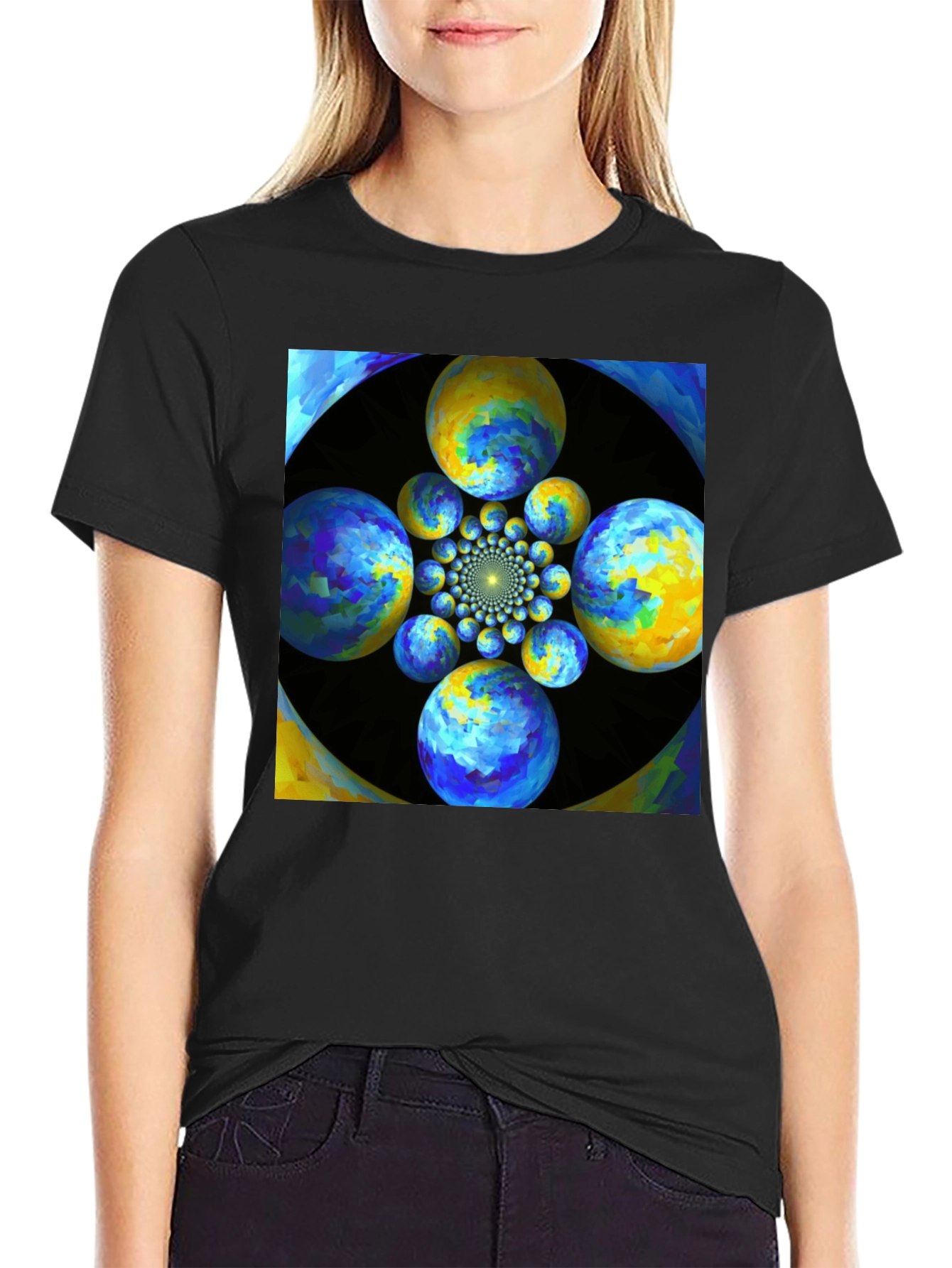 Black Abstract Fractal Sphere Graphic T-Shirt view 2