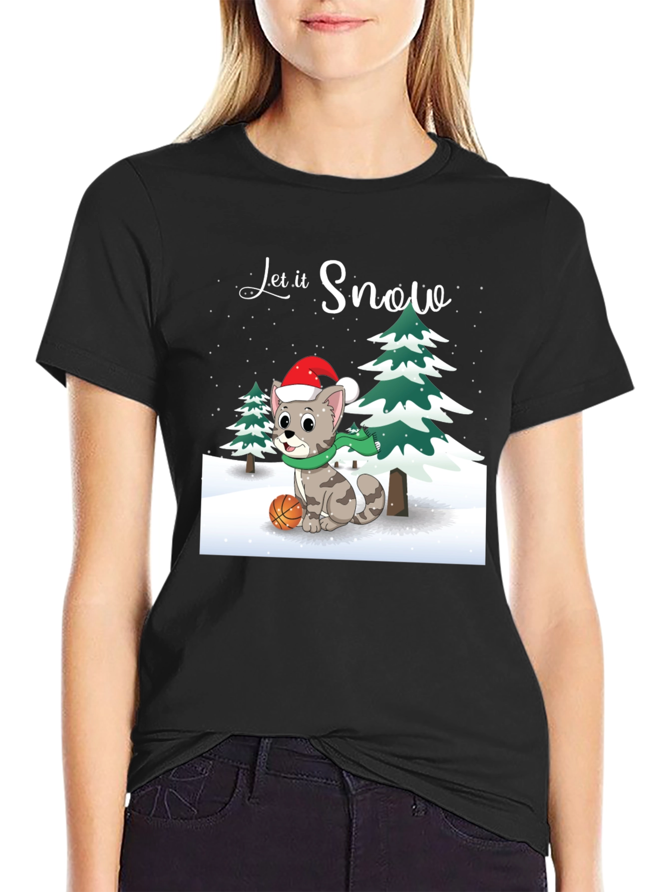 Black Let it Snow Cat with Basketball T-Shirt view 2