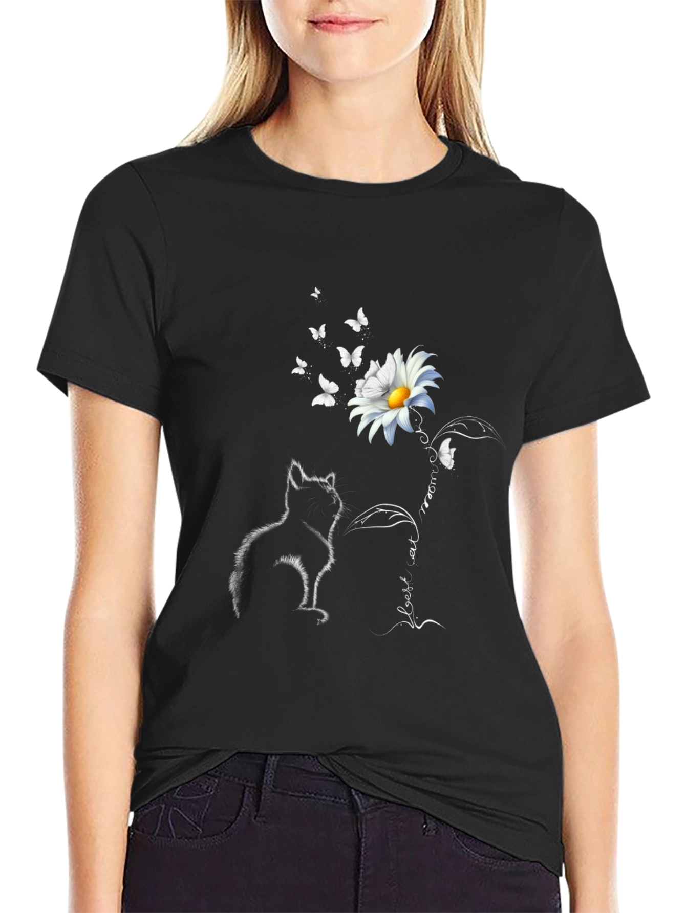 Black Cat & Daisy T-Shirt: Black Tee with Unique Graphic view 2
