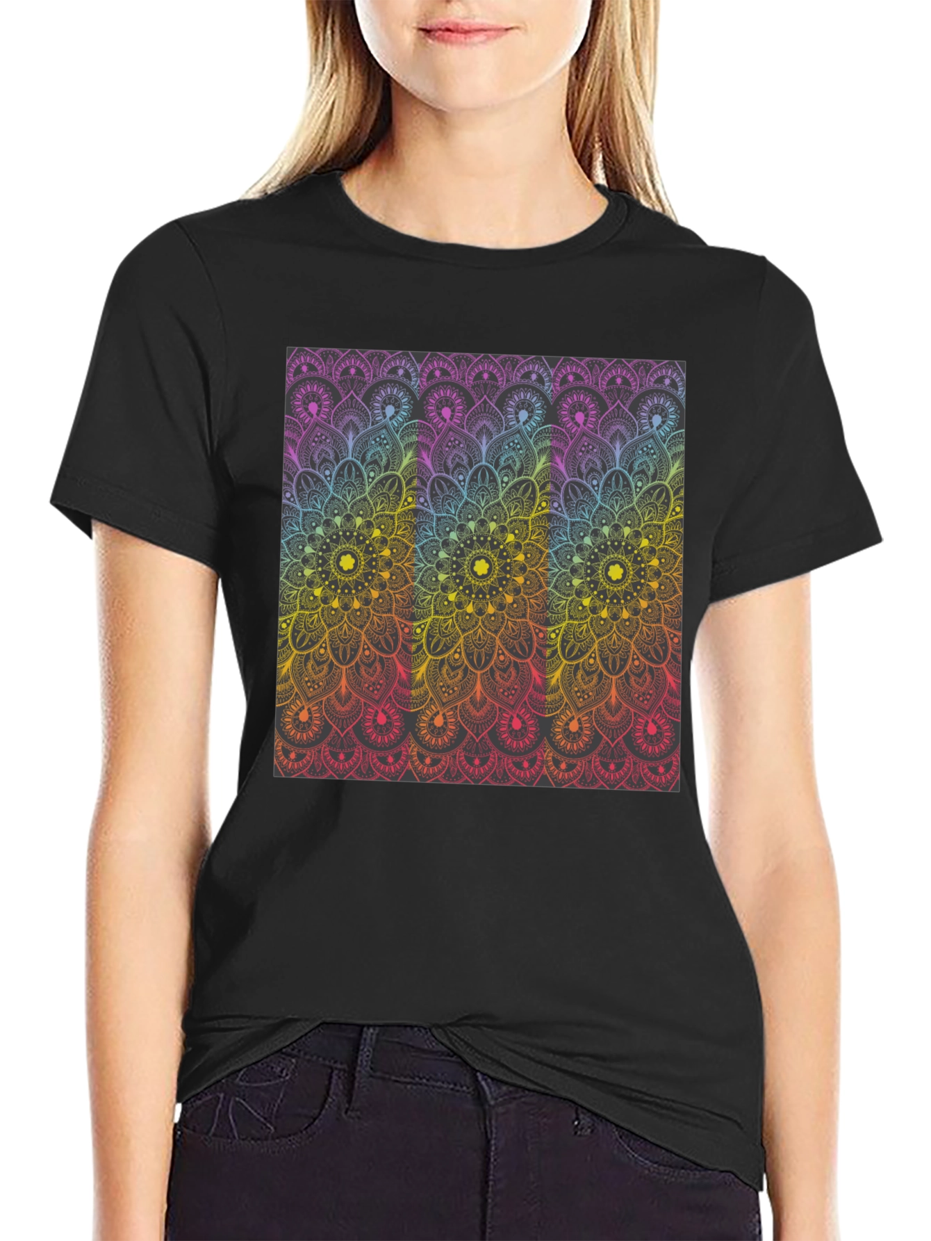 Black Colorful Mandala Graphic Print Black T-Shirt view 2