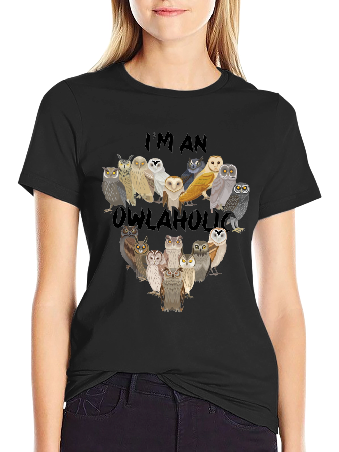 Black Owl Lover T-Shirt - "I'm an Owlaholic" Graphic Tee view 2